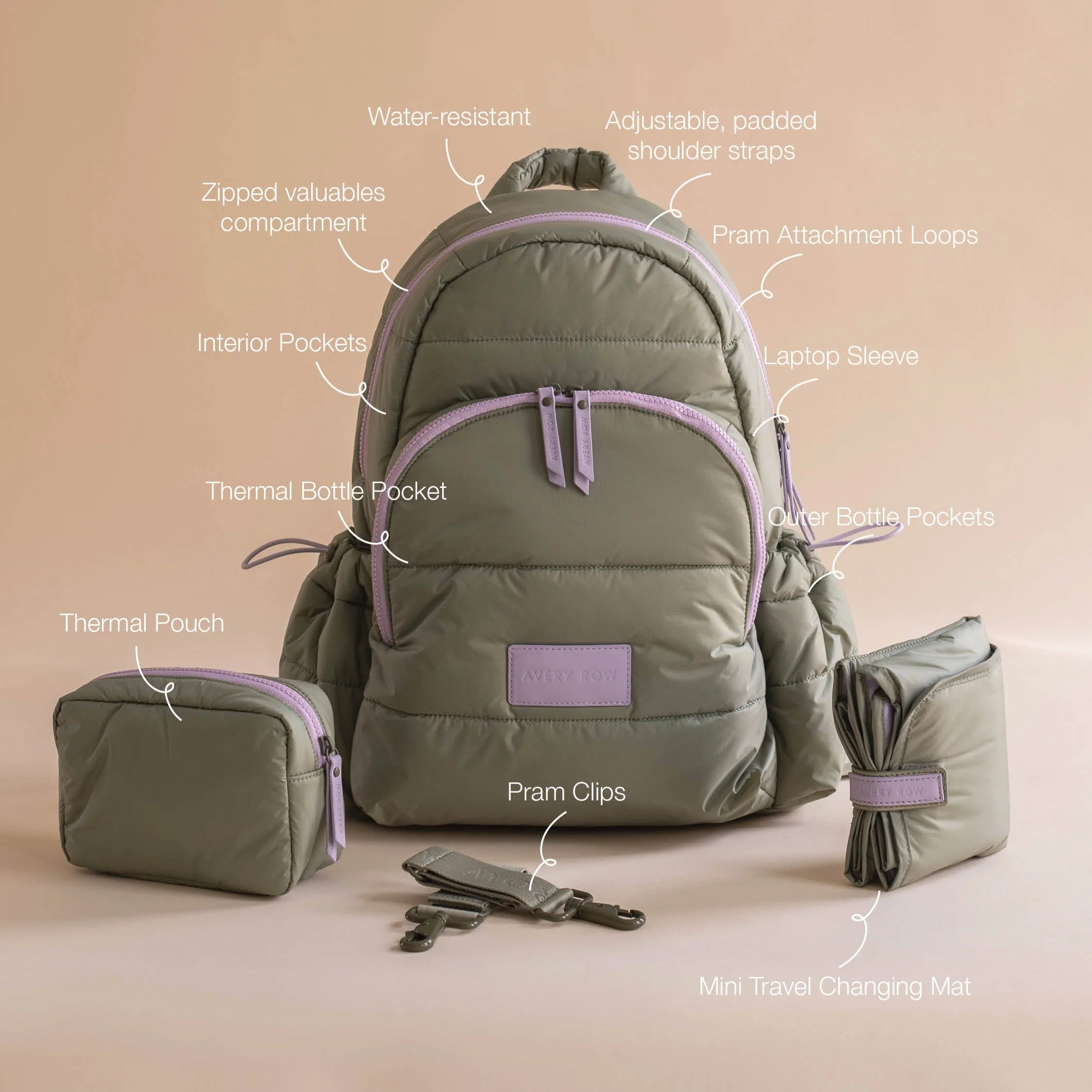 Baby Changing Backpack with Stroller Clips, Mat + Pouch (Olive) - Image 3