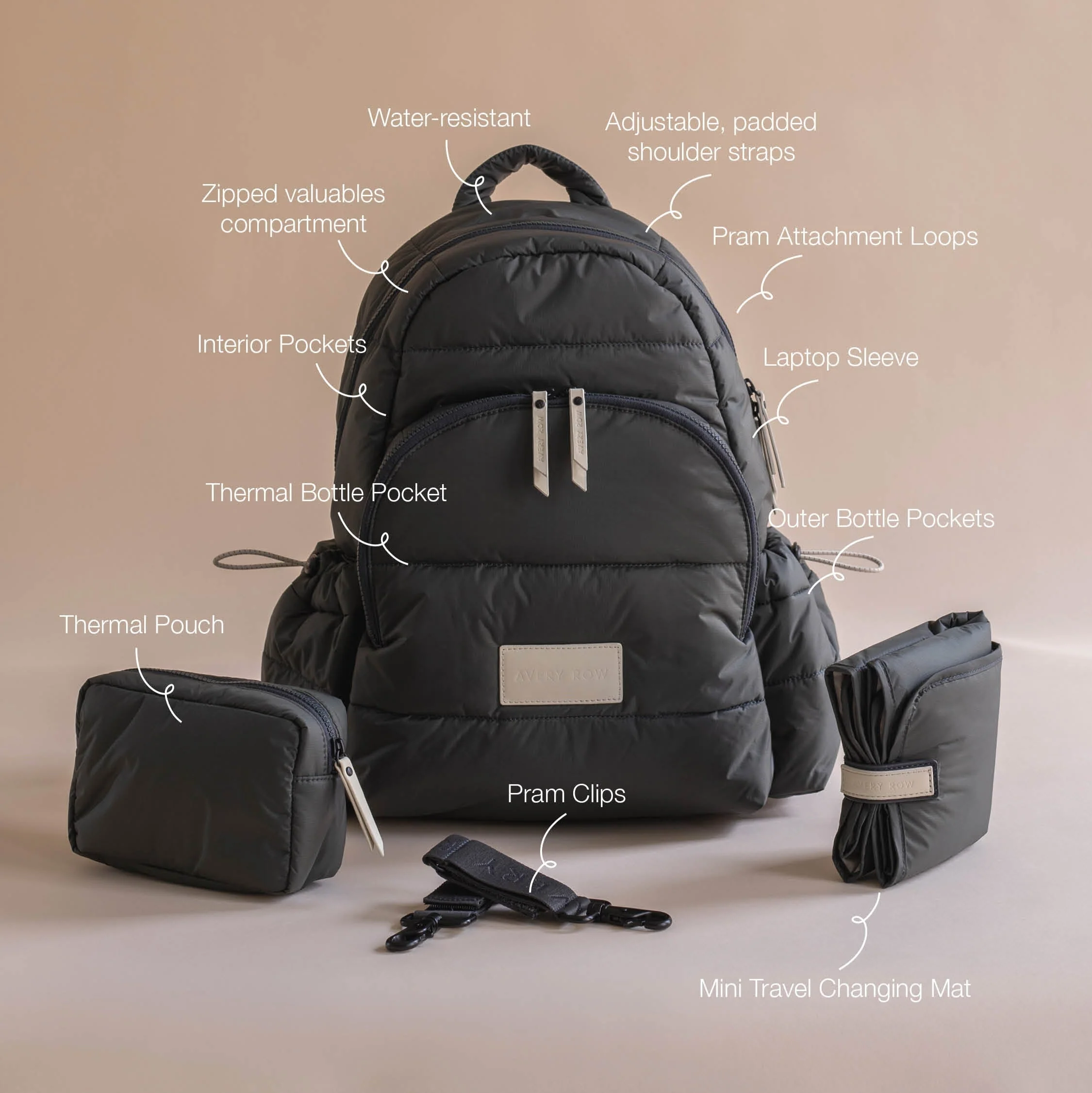 Baby Changing Backpack with Stroller Clips, Mat + Pouch (Soft Black) - Image 4