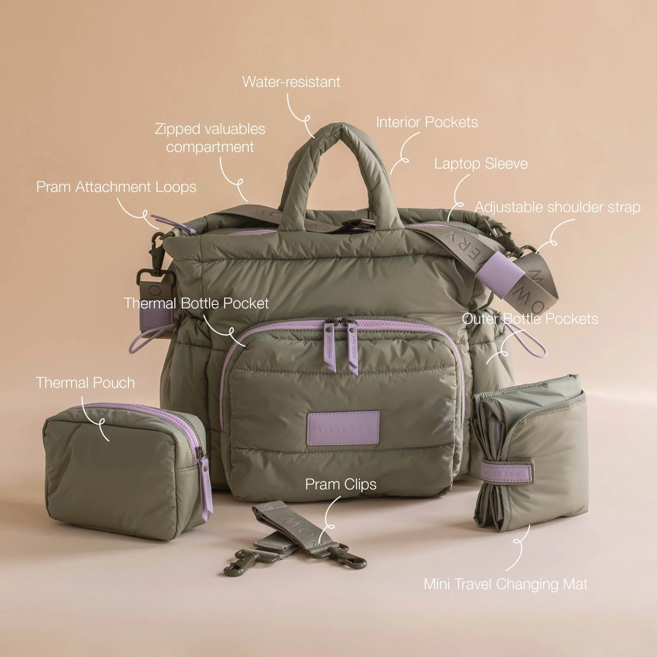 Baby Changing Tote Bag with Stroller Clips, Mat + Pouch (Olive) - Image 3