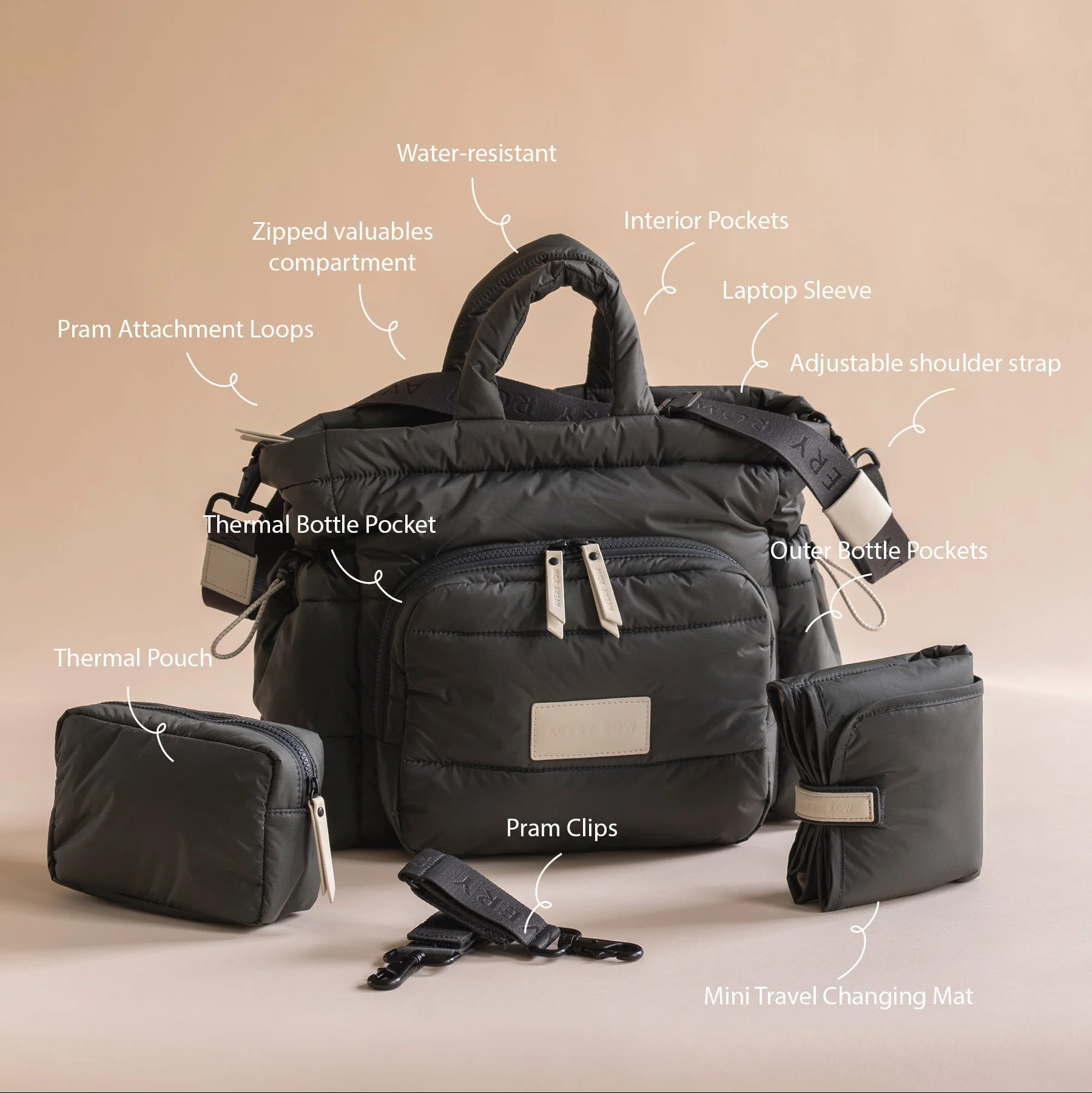 Baby Changing Tote Bag with Stroller Clips, Mat + Pouch (Soft Black) - Image 3