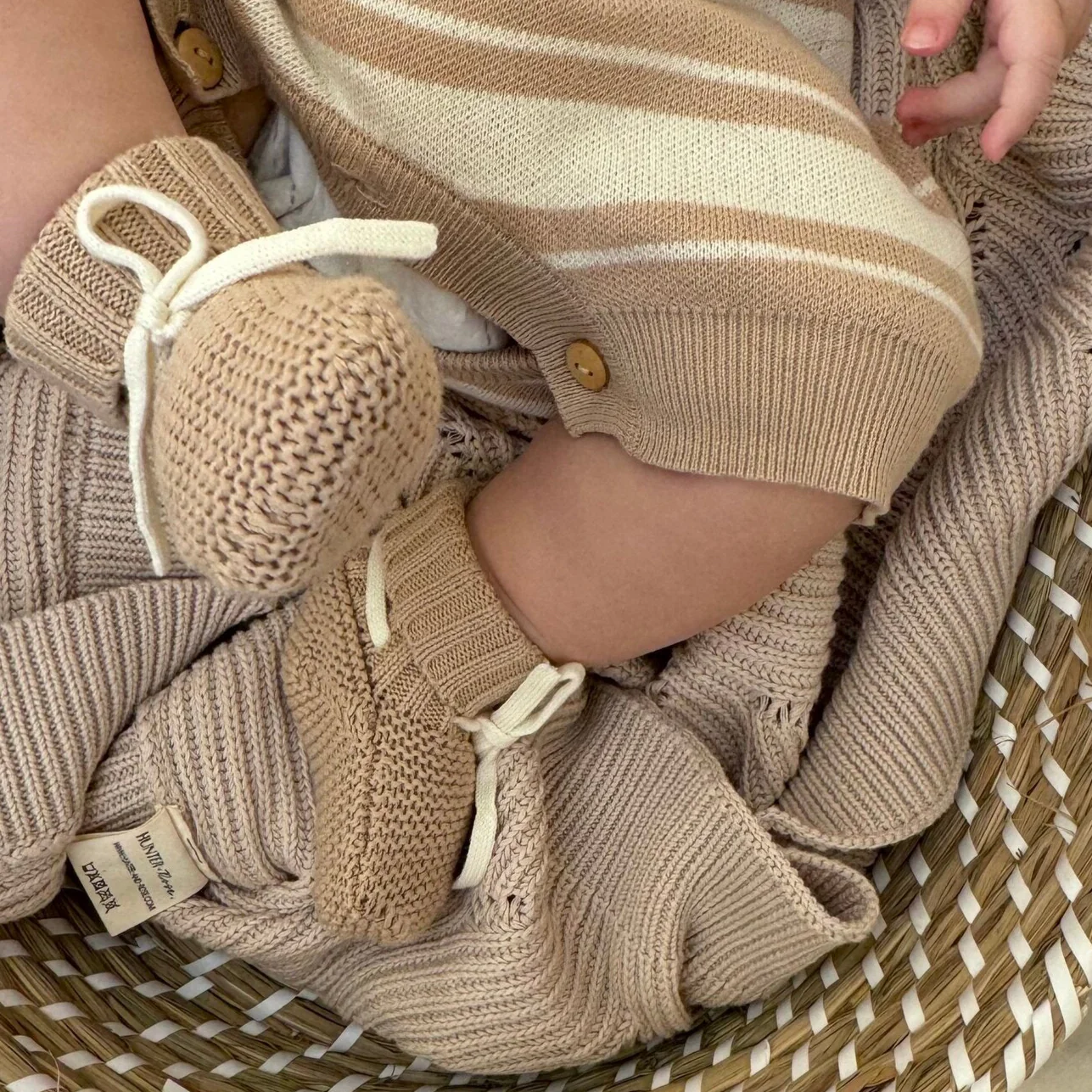 Beige Cotton Knitted Baby Booties - Image 3