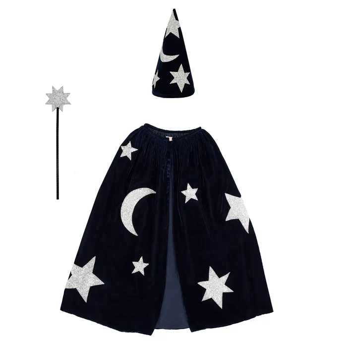 Blue Velvet Wizard Cape, Hat and Wand Costume Set - Image 2