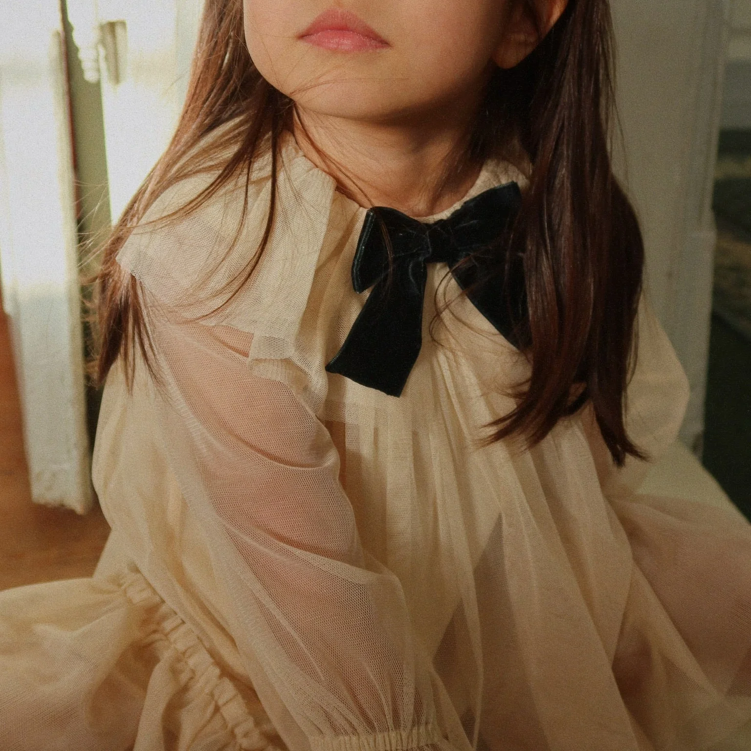 Bow Tulle Long Sleeve Occasion Party Dress (Parchment) - Image 2