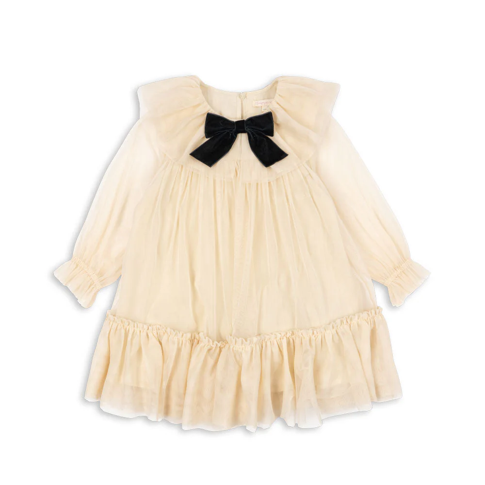 Bow Tulle Long Sleeve Occasion Party Dress (Parchment) - Image 3