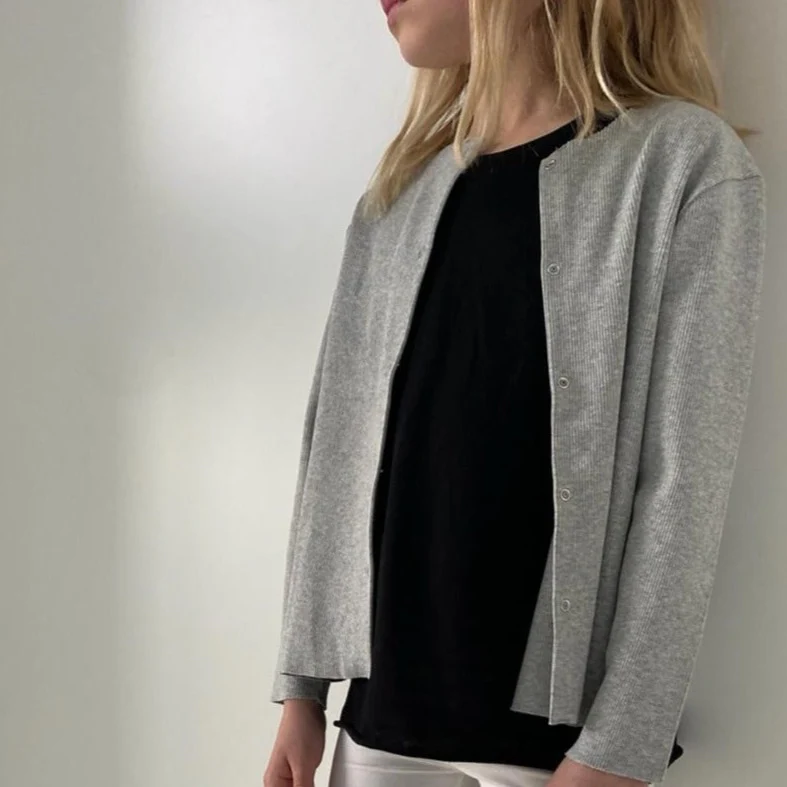 Chia Cotton Rib Cardigan (Light Grey) - Image 4