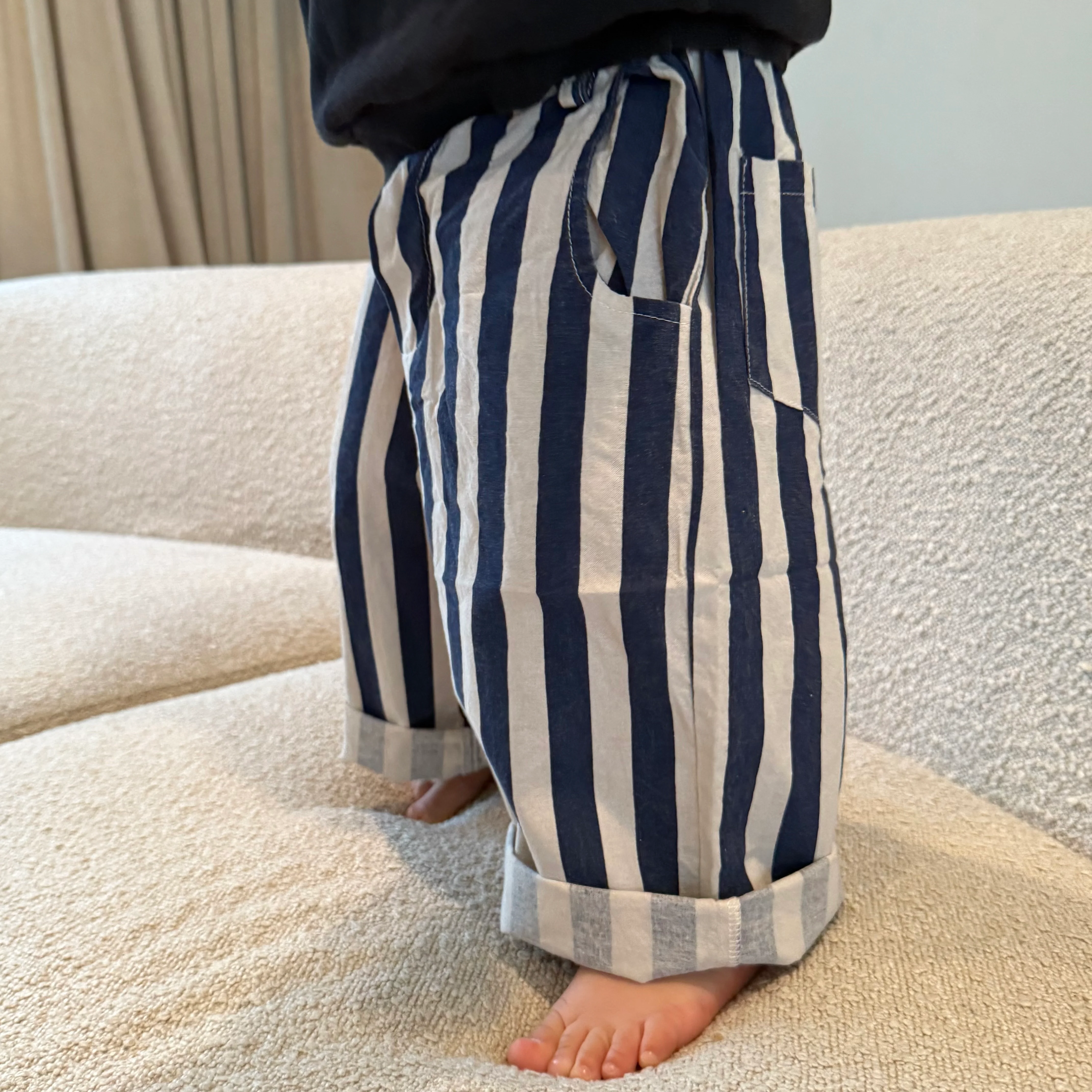 Soren Striped Wide Leg Cropped Cotton Trousers (Night Blue) - Image 6