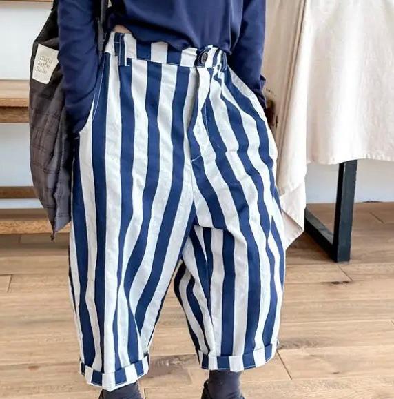 Soren Striped Wide Leg Cropped Cotton Trousers (Night Blue) - Image 7