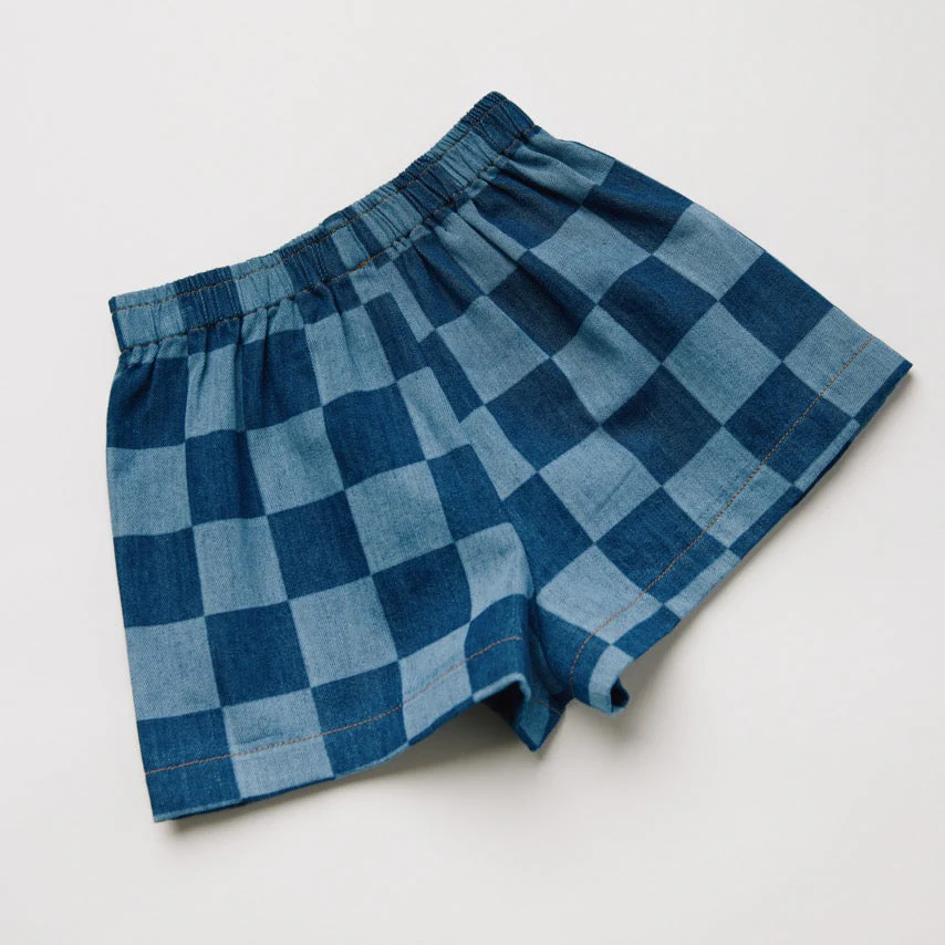 Frankie Checkerboard Cotton Denim Shorts - Image 7