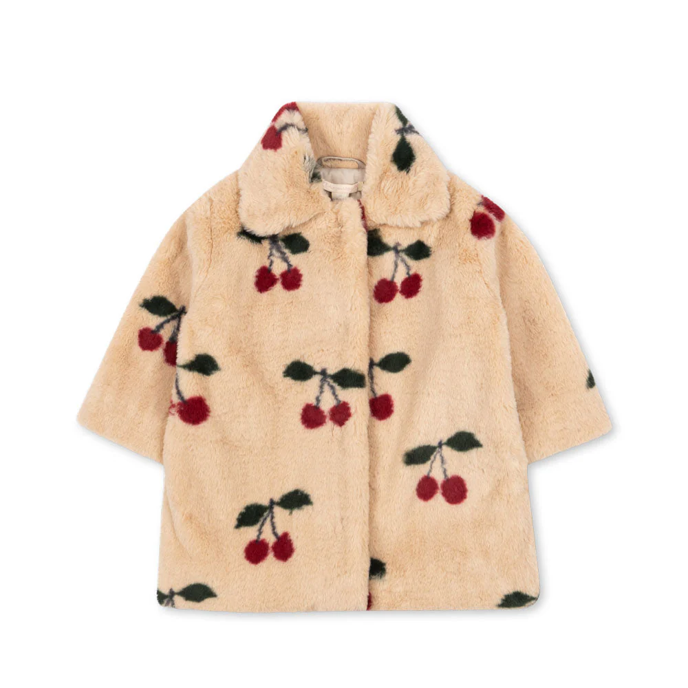 Fuzzie Faux Fur Cherry Print Collared Coat (Ma Grande Cerise) - Image 3
