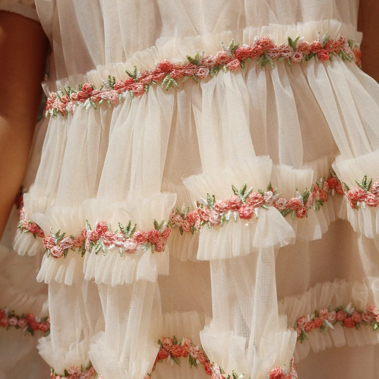 Joelle Floral Embroidered Tulle Ruffle Party Dress (Buttercream) - Image 2