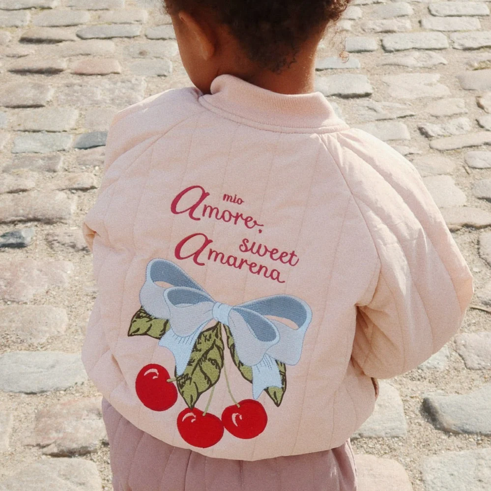 Juno Cherry Print Quilted Bomber Jacket (Cameo Rose) - Image 3