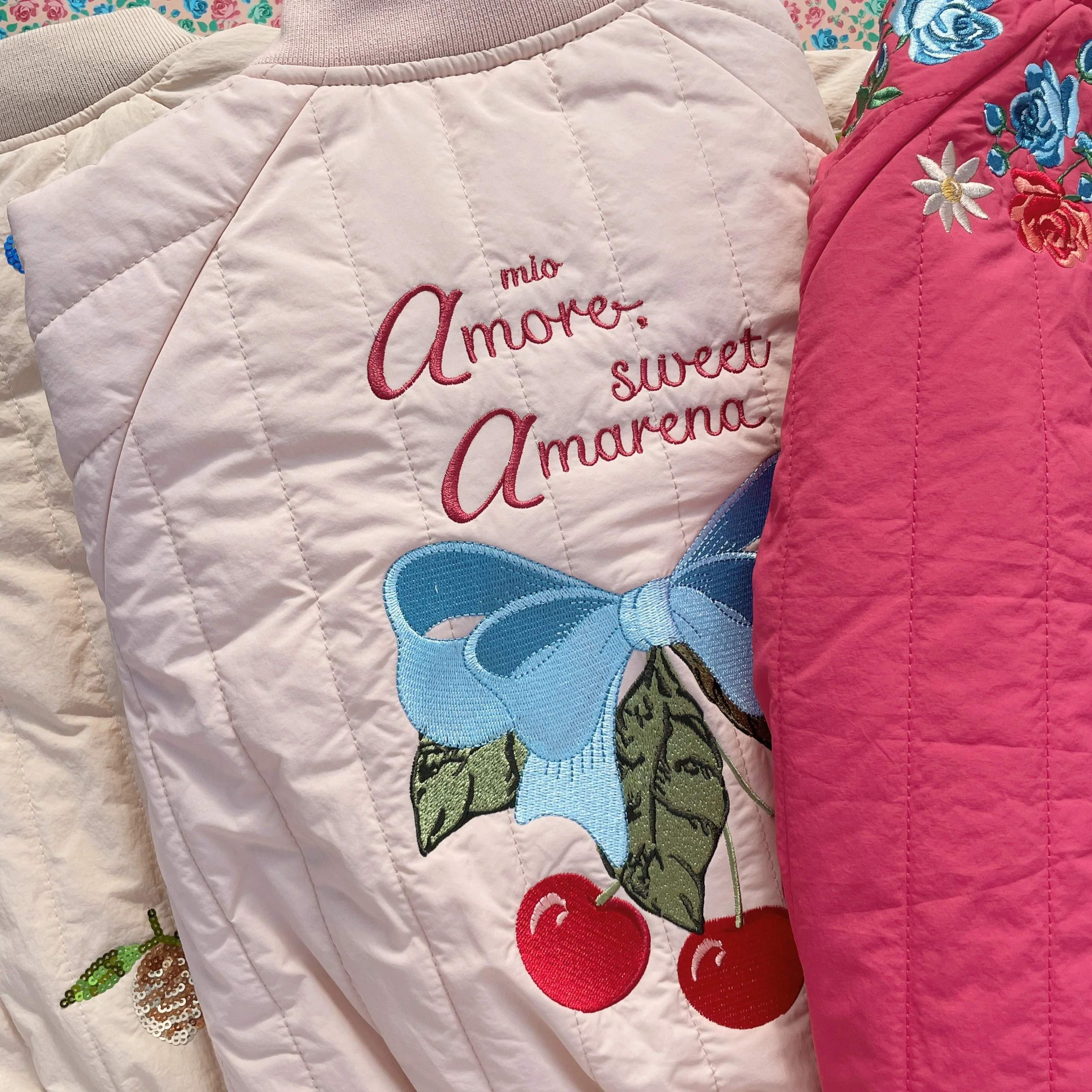 Juno Cherry Print Quilted Bomber Jacket (Cameo Rose) - Image 4