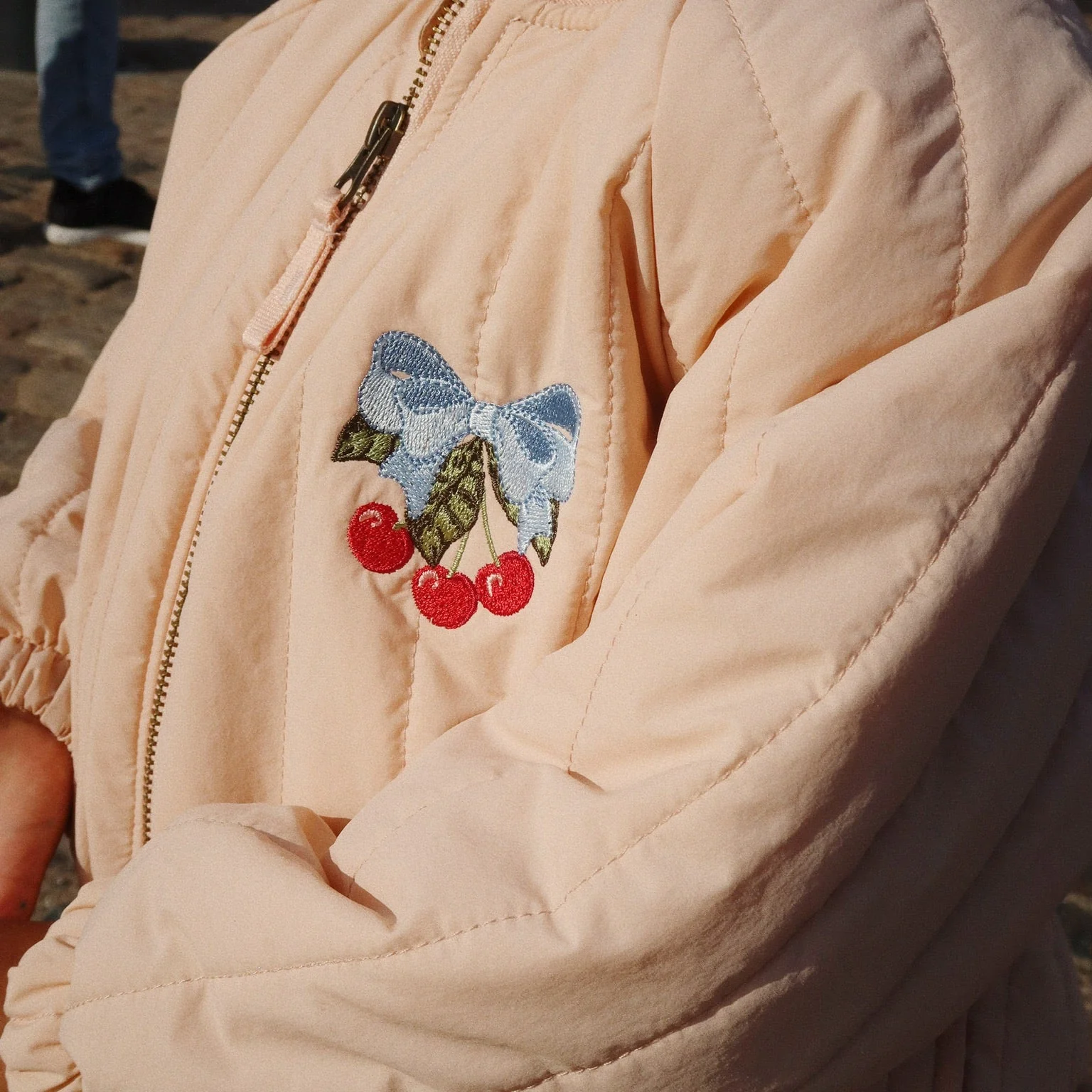 Juno Cherry Print Quilted Bomber Jacket (Cameo Rose) - Image 5
