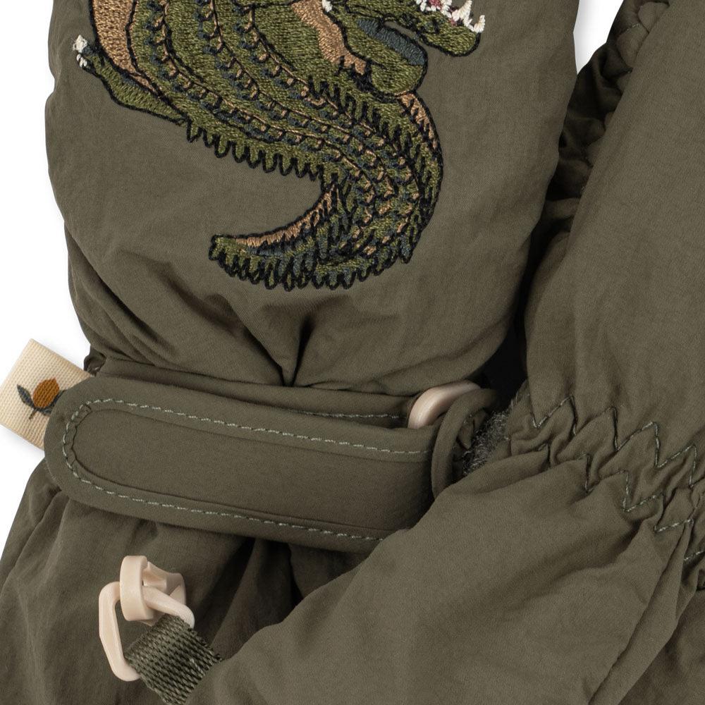 Juno Crocodile Embroidered Quilted Mittens (Olive) - Image 3