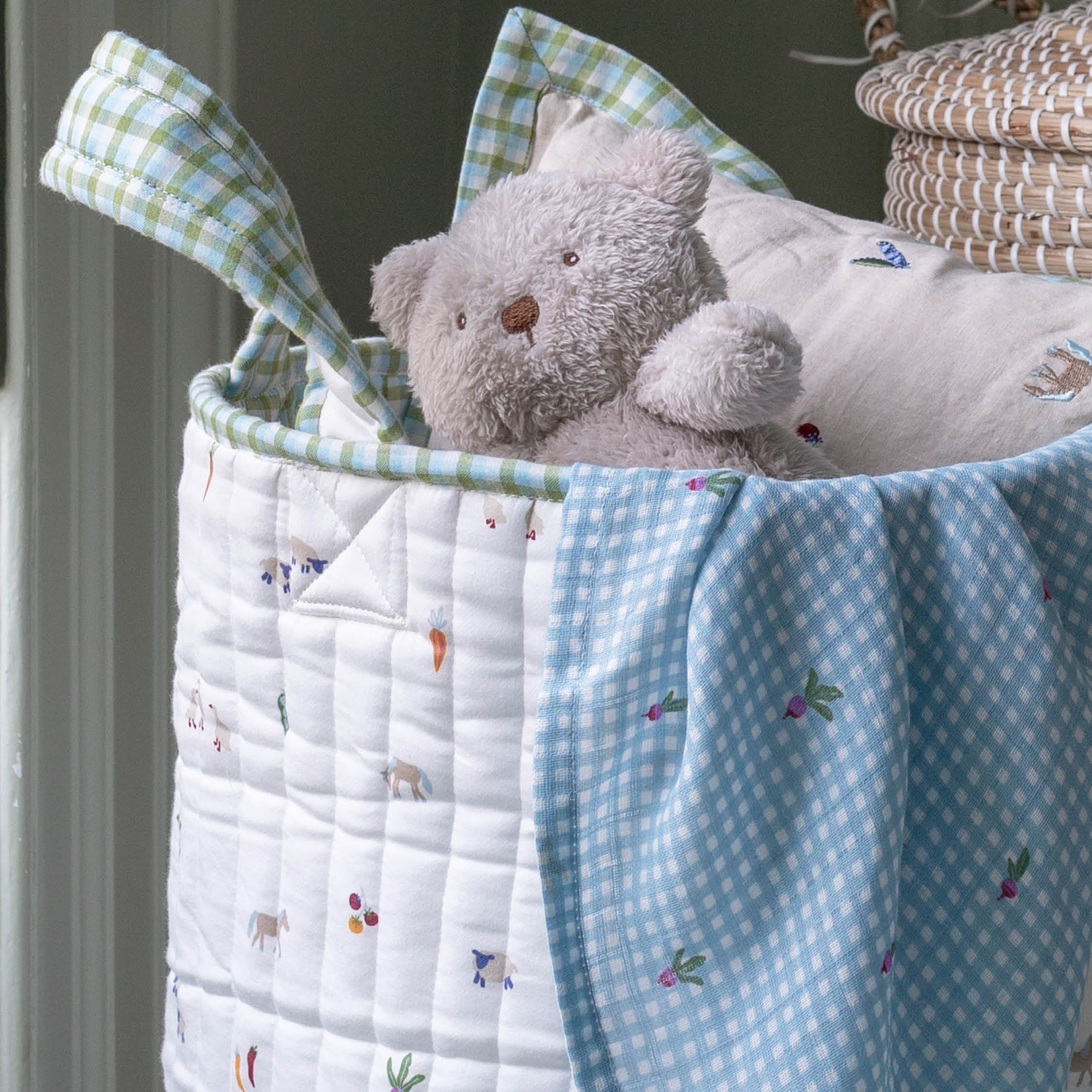 Large Quilted Reversible Storage Basket (Greenhouse Gingham / Little Farm) - Image 2