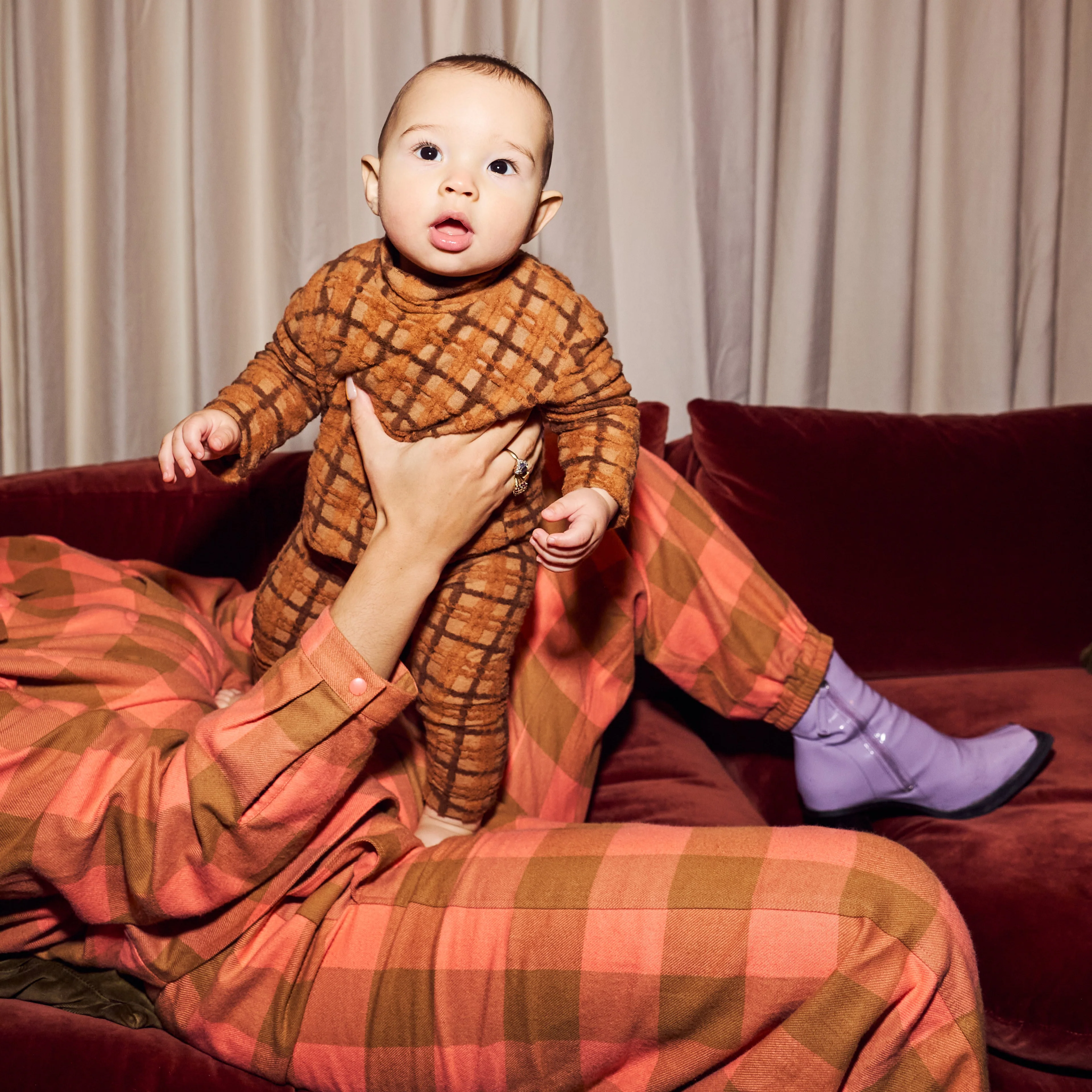 Lennon Fluffy Brown Check Jersey Top - Image 5