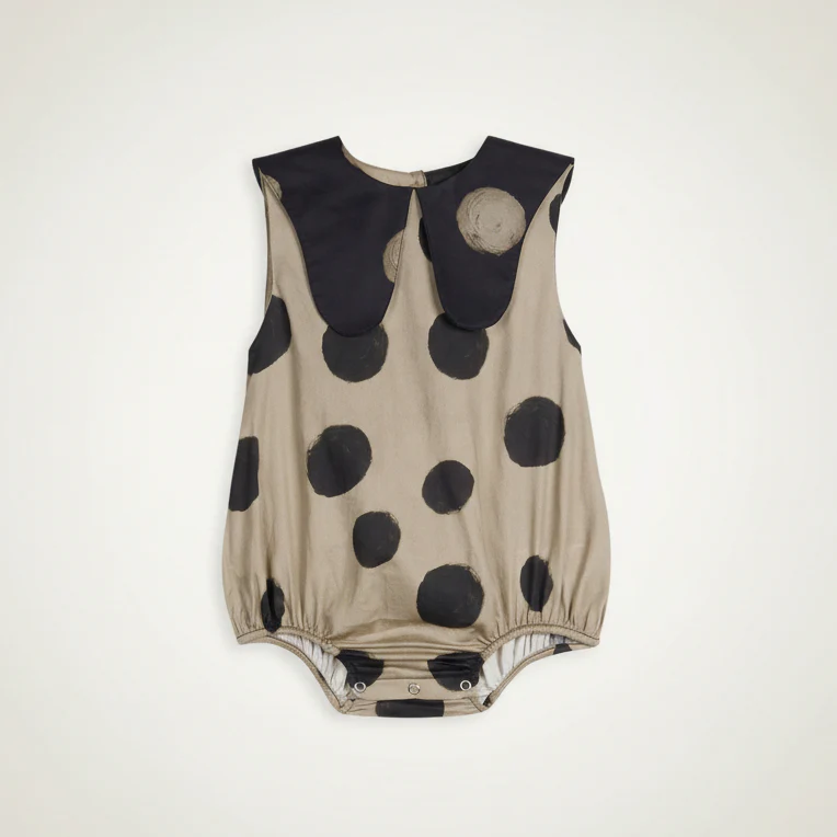 Luna Polka Dot Collared Cotton Baby Romper (Mocha) - Image 3