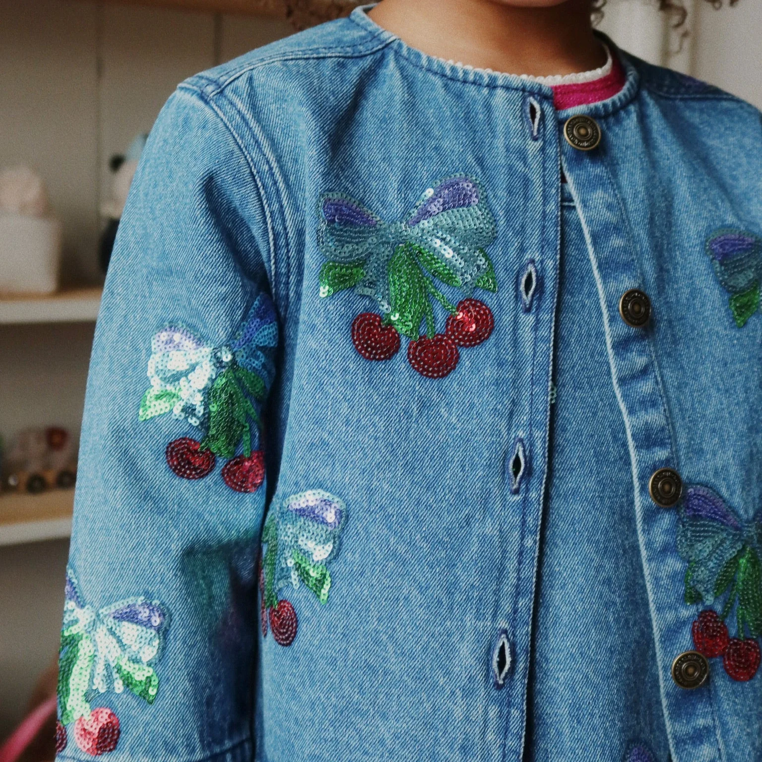 Magot Sequin Cherries Cotton Denim Jacket