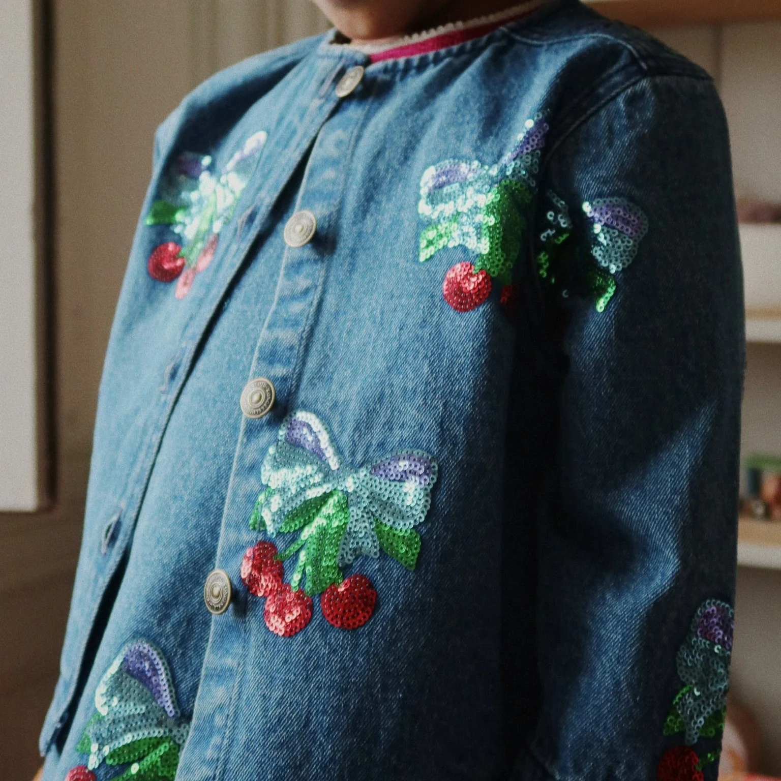 Magot Sequin Cherries Cotton Denim Jacket - Image 2
