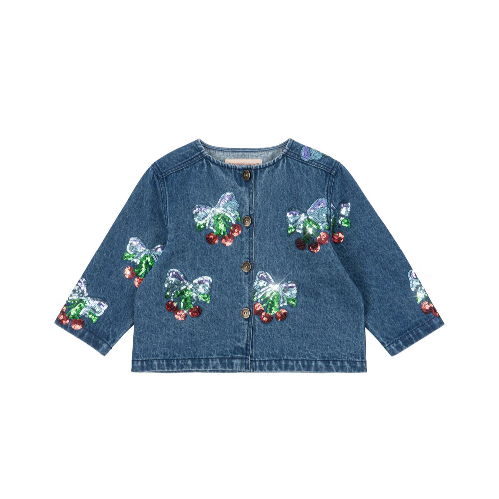 Magot Sequin Cherries Cotton Denim Jacket - Image 4