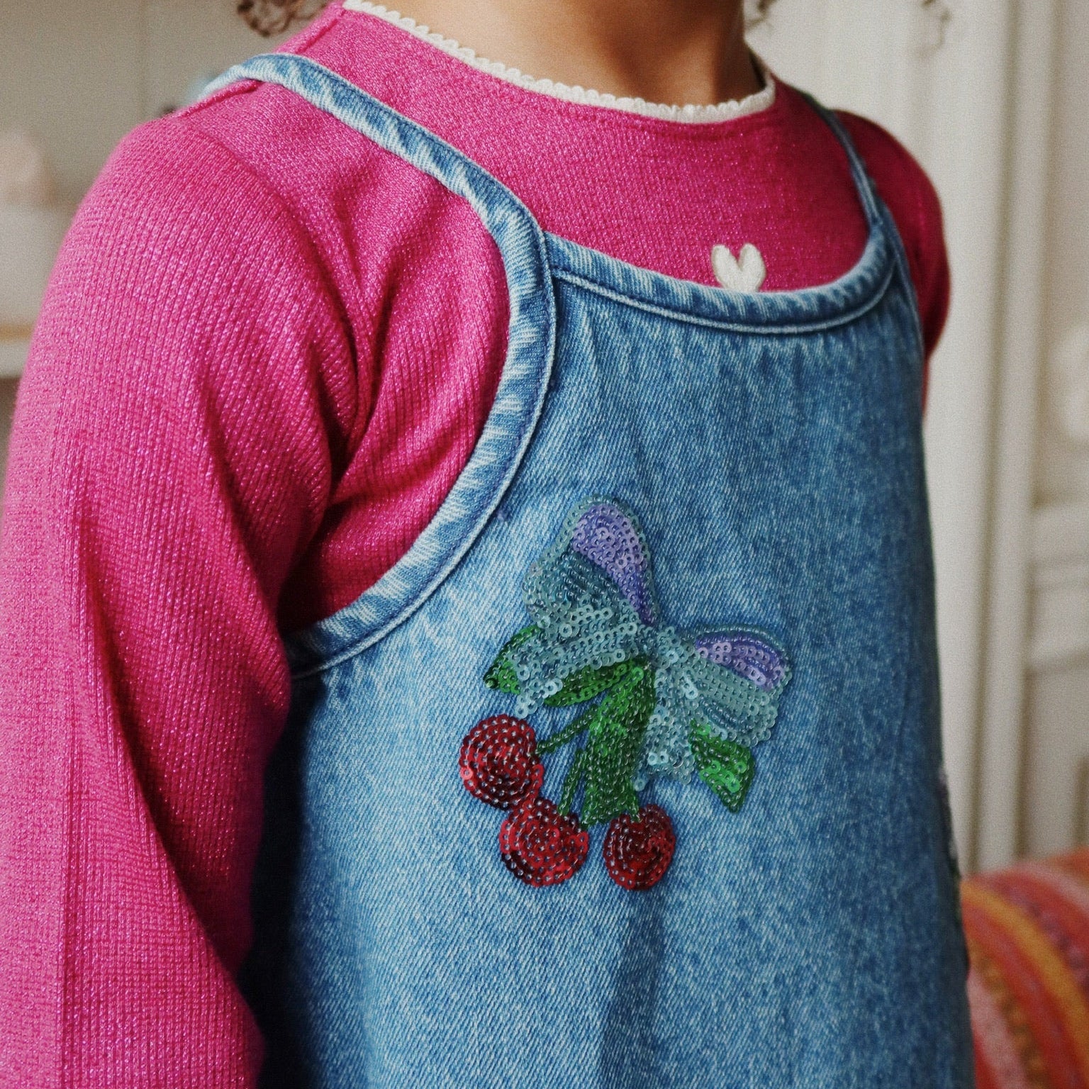 Magot Sequin Cherry Strappy Denim Dress - Image 3