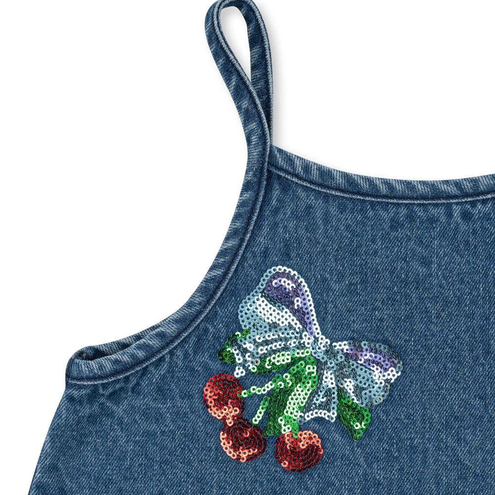 Magot Sequin Cherry Strappy Denim Dress - Image 6
