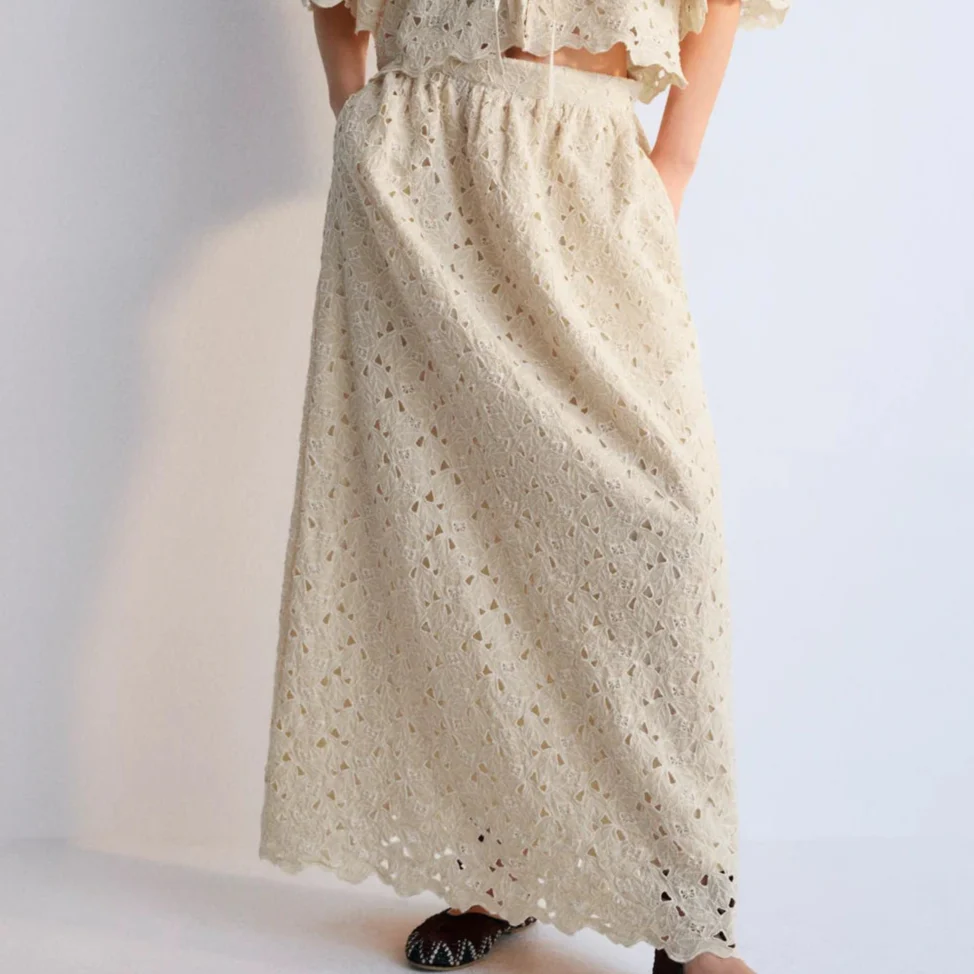 MAMA Atenea Embroidered Cotton Maxi Skirt (Macadamia)