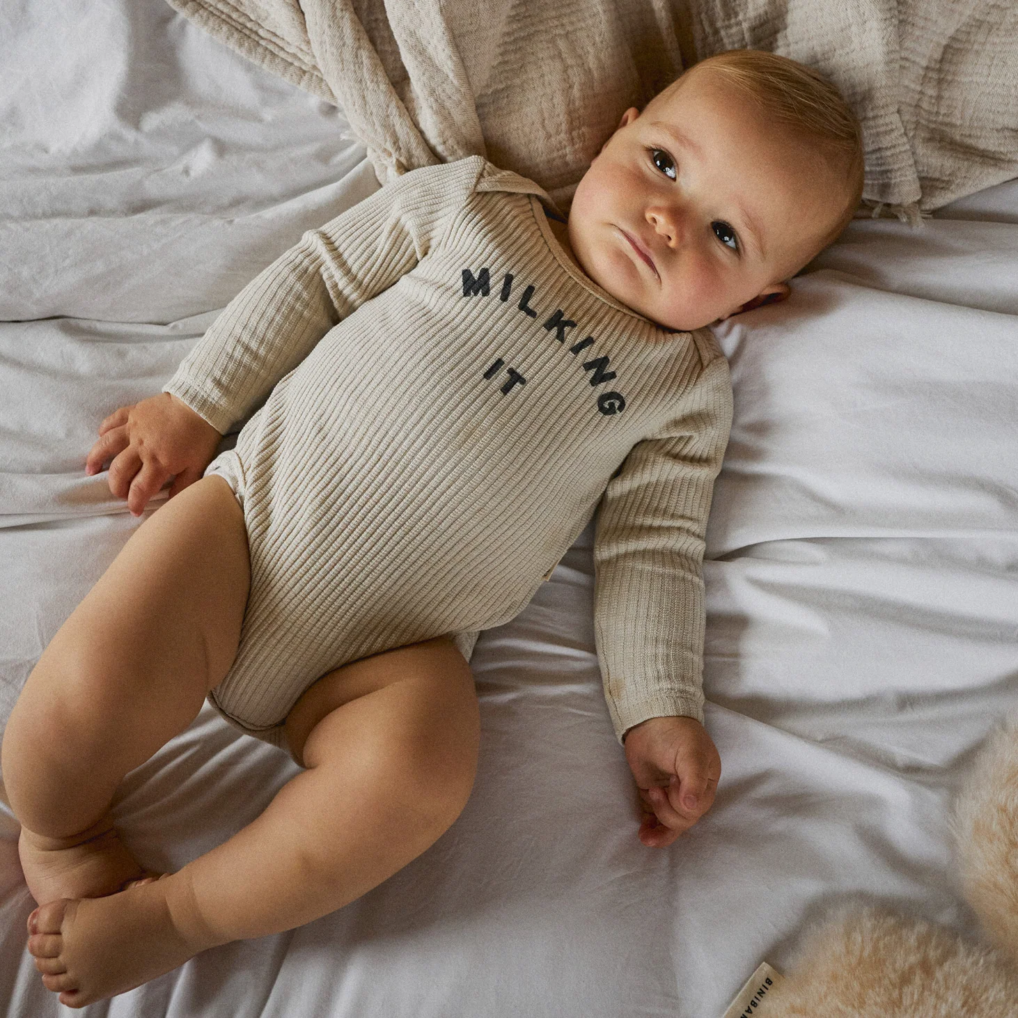 Milking It Cotton Rib Long Sleeve Baby Bodysuit (Oatmeal) - Image 3