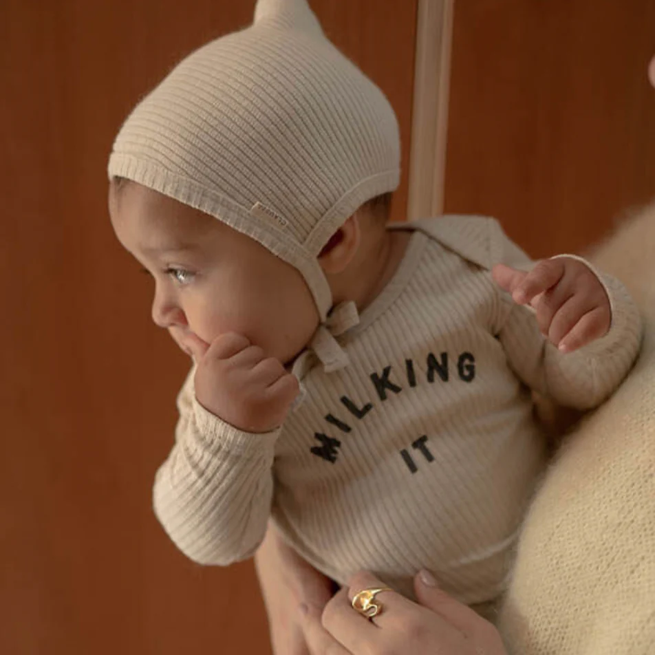 Milking It Cotton Rib Long Sleeve Baby Bodysuit (Oatmeal) - Image 4