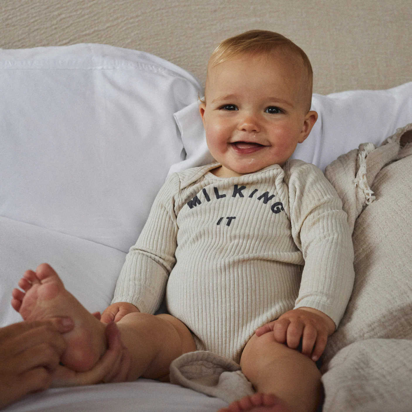 Milking It Cotton Rib Long Sleeve Baby Bodysuit (Oatmeal) - Image 5