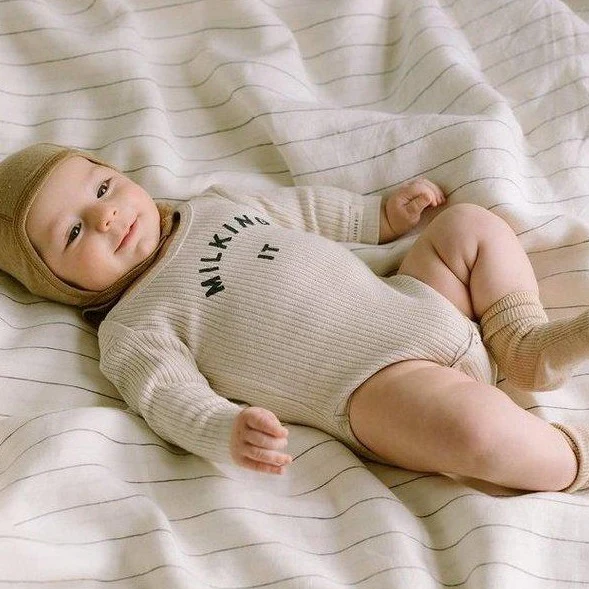 Milking It Cotton Rib Long Sleeve Baby Bodysuit (Oatmeal) - Image 6