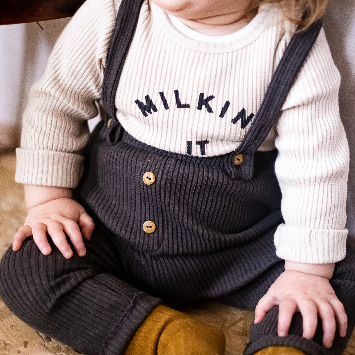 Milking It Cotton Rib Long Sleeve Baby Bodysuit (Oatmeal) - Image 9