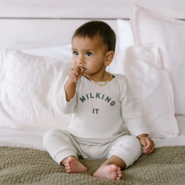 Milking It Rib Romper Onesie (Oatmeal) - Image 10