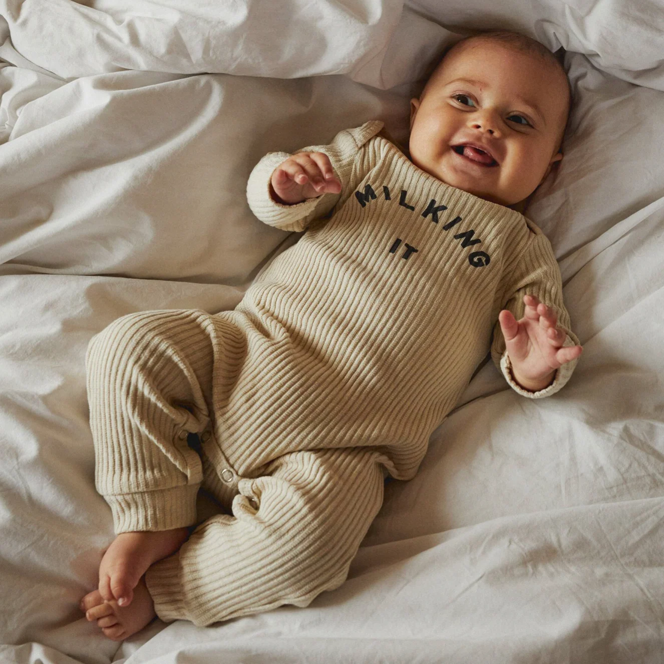Milking It Rib Romper Onesie (Oatmeal) - Image 3