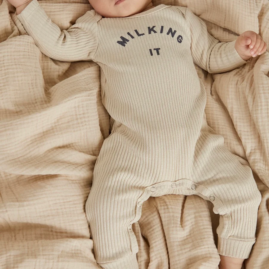 Milking It Rib Romper Onesie (Oatmeal) - Image 5