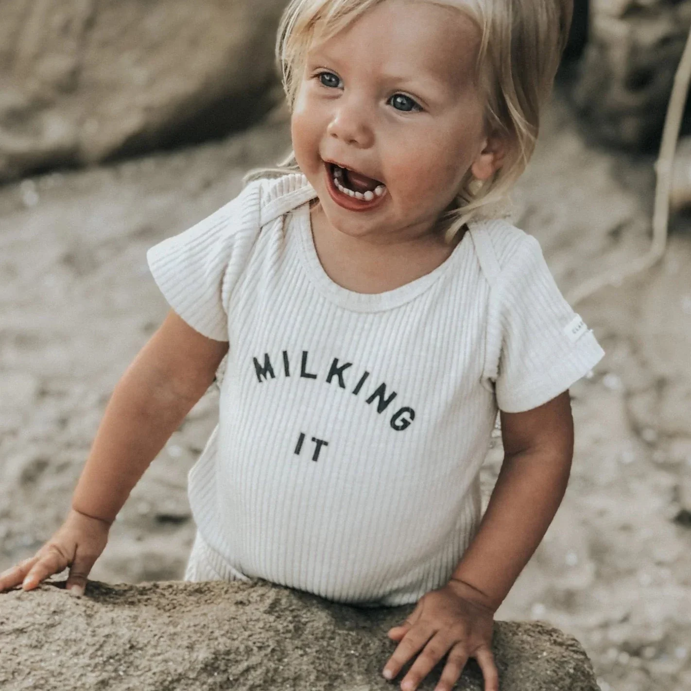 Milking It Cotton Rib Short Sleeve Baby Bodysuit (Oatmeal) - Image 5