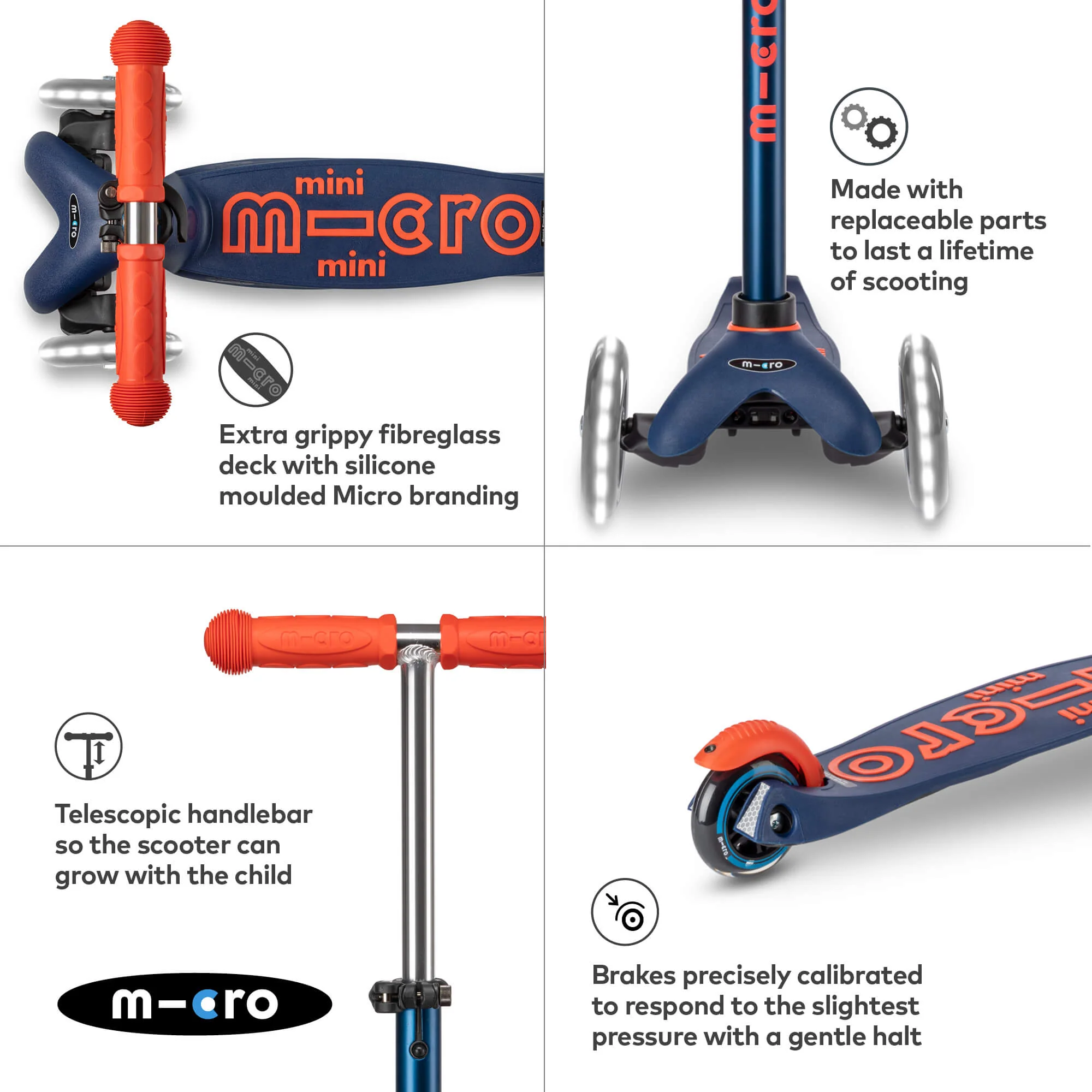 Mini Micro Deluxe Scooter with 3 LED Wheels (Navy) - Image 3