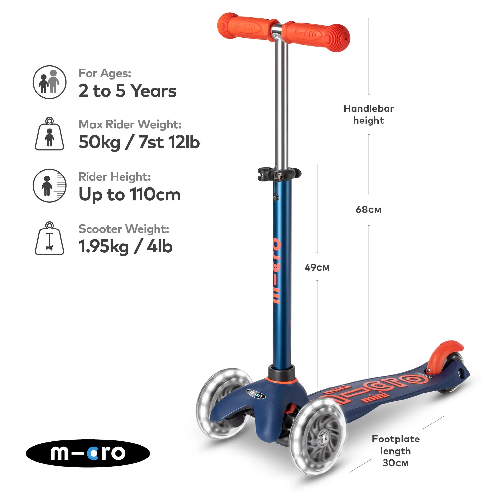 Mini Micro Deluxe Scooter with 3 LED Wheels (Navy) - Image 7