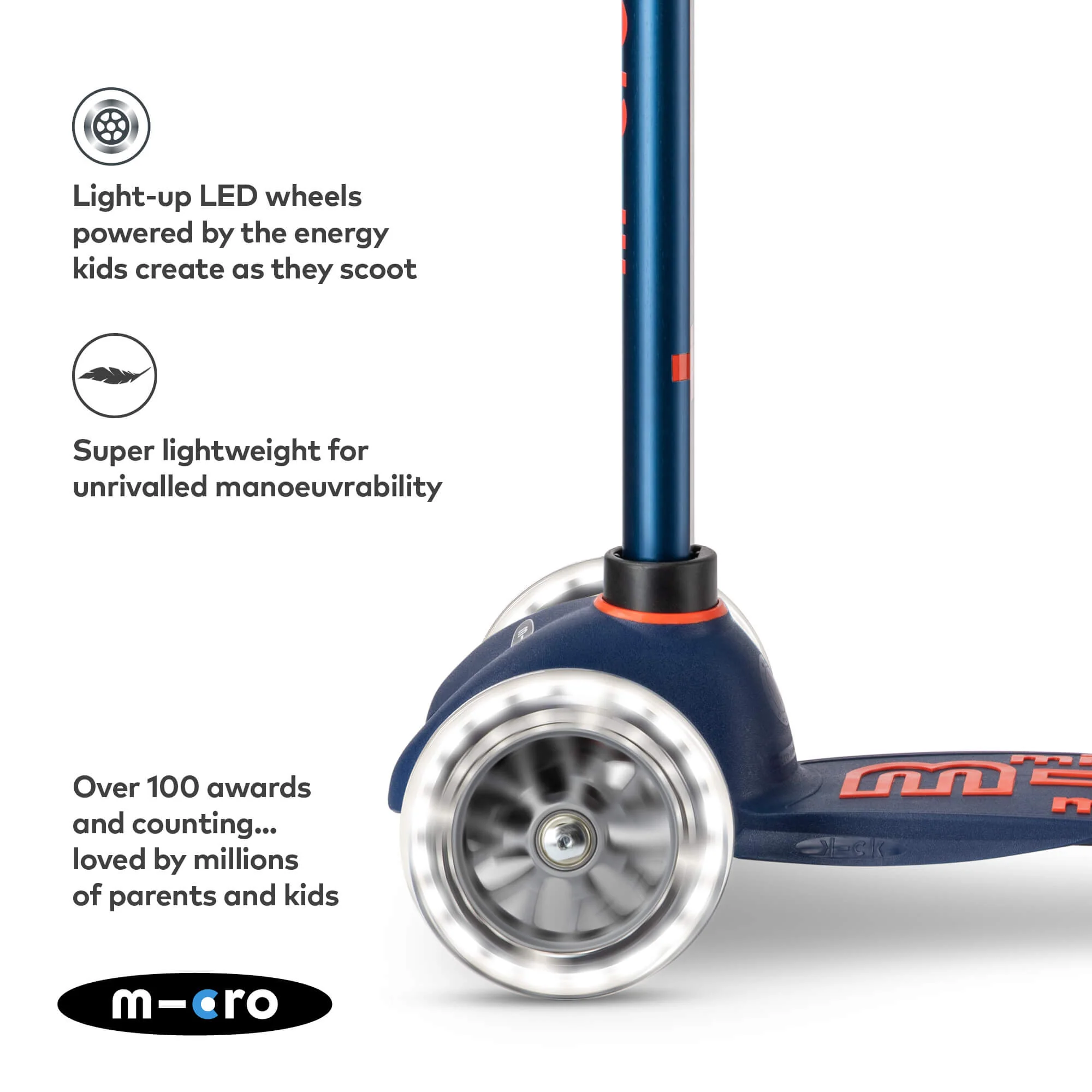 Mini Micro Deluxe Scooter with 3 LED Wheels (Navy) - Image 8