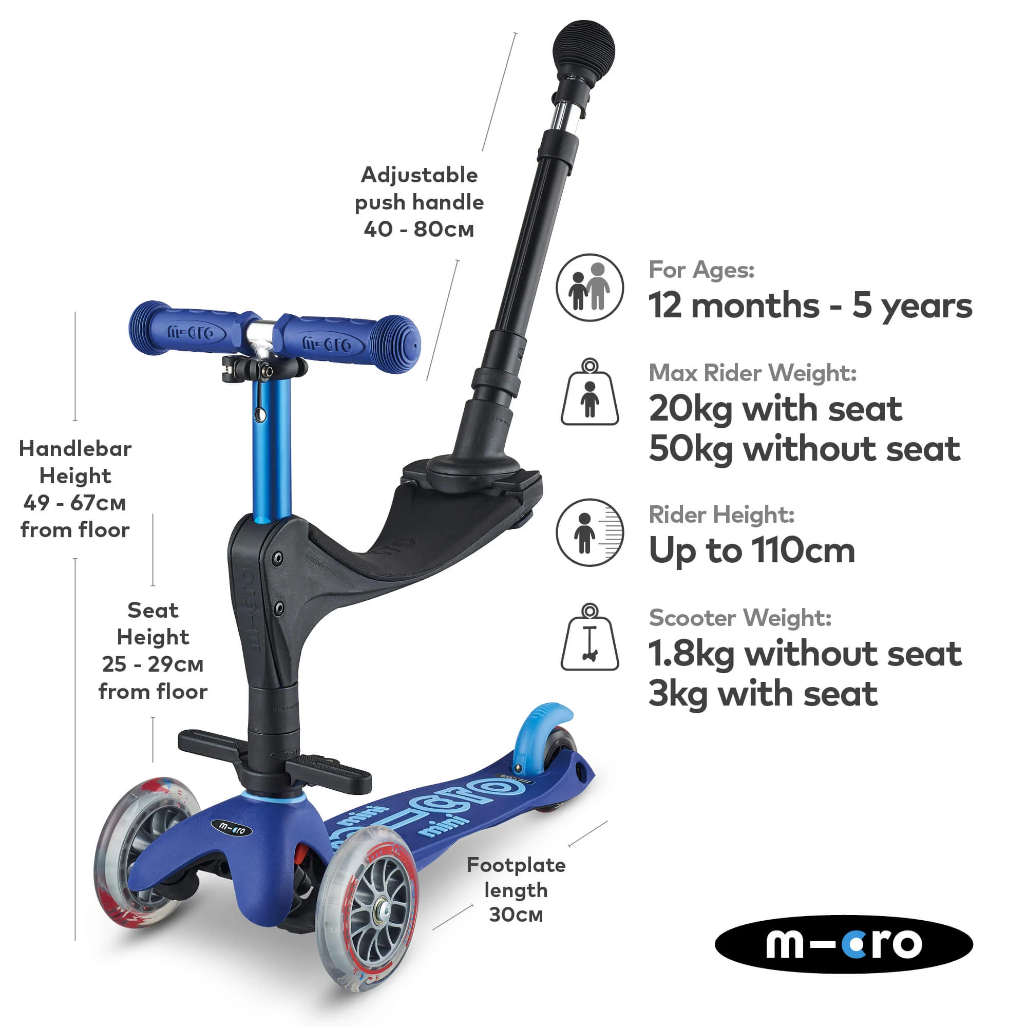 Mini Micro 3 in 1 Deluxe Scooter with Push Handle (Blue) - Image 5