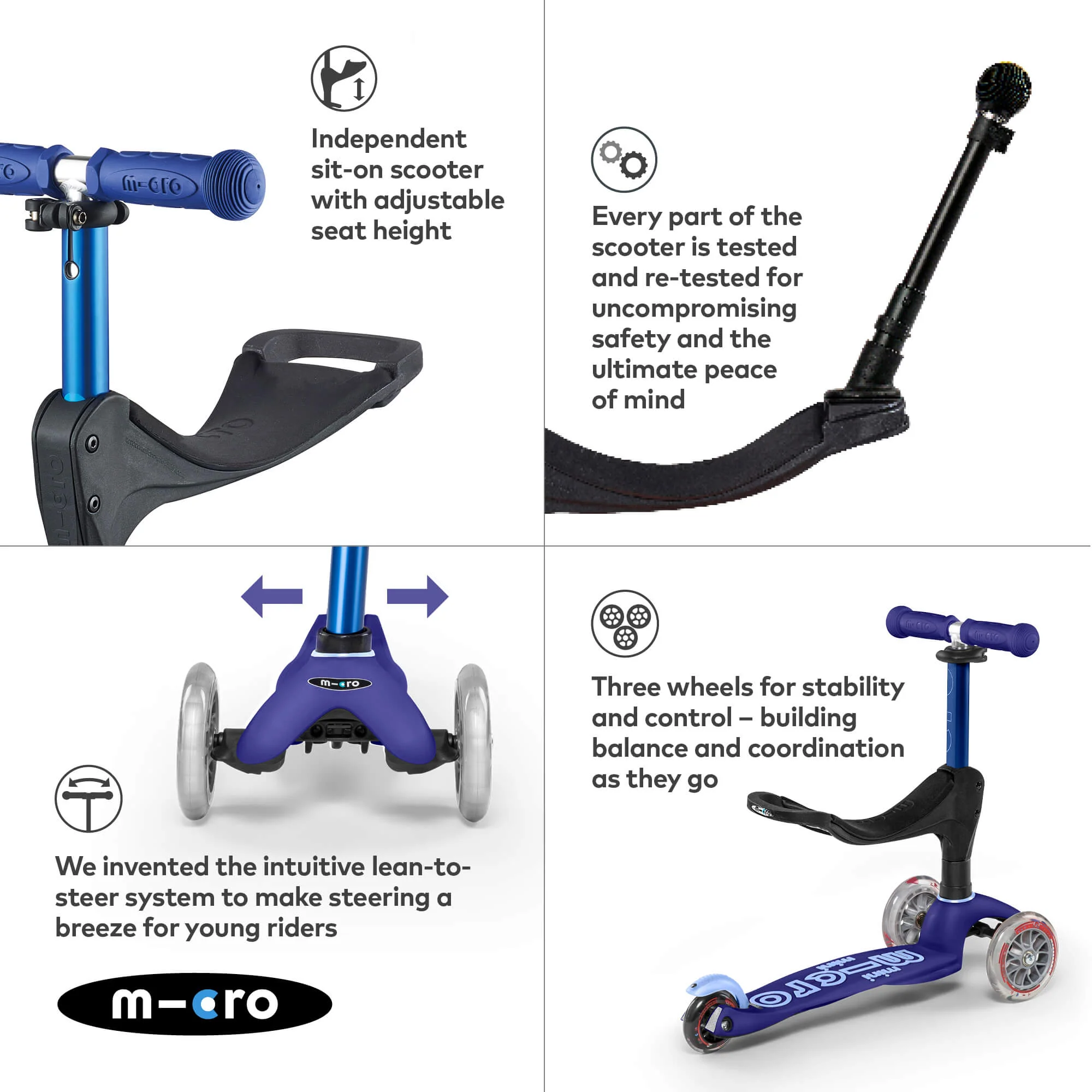 Mini Micro 3 in 1 Deluxe Scooter with Push Handle (Blue) - Image 7
