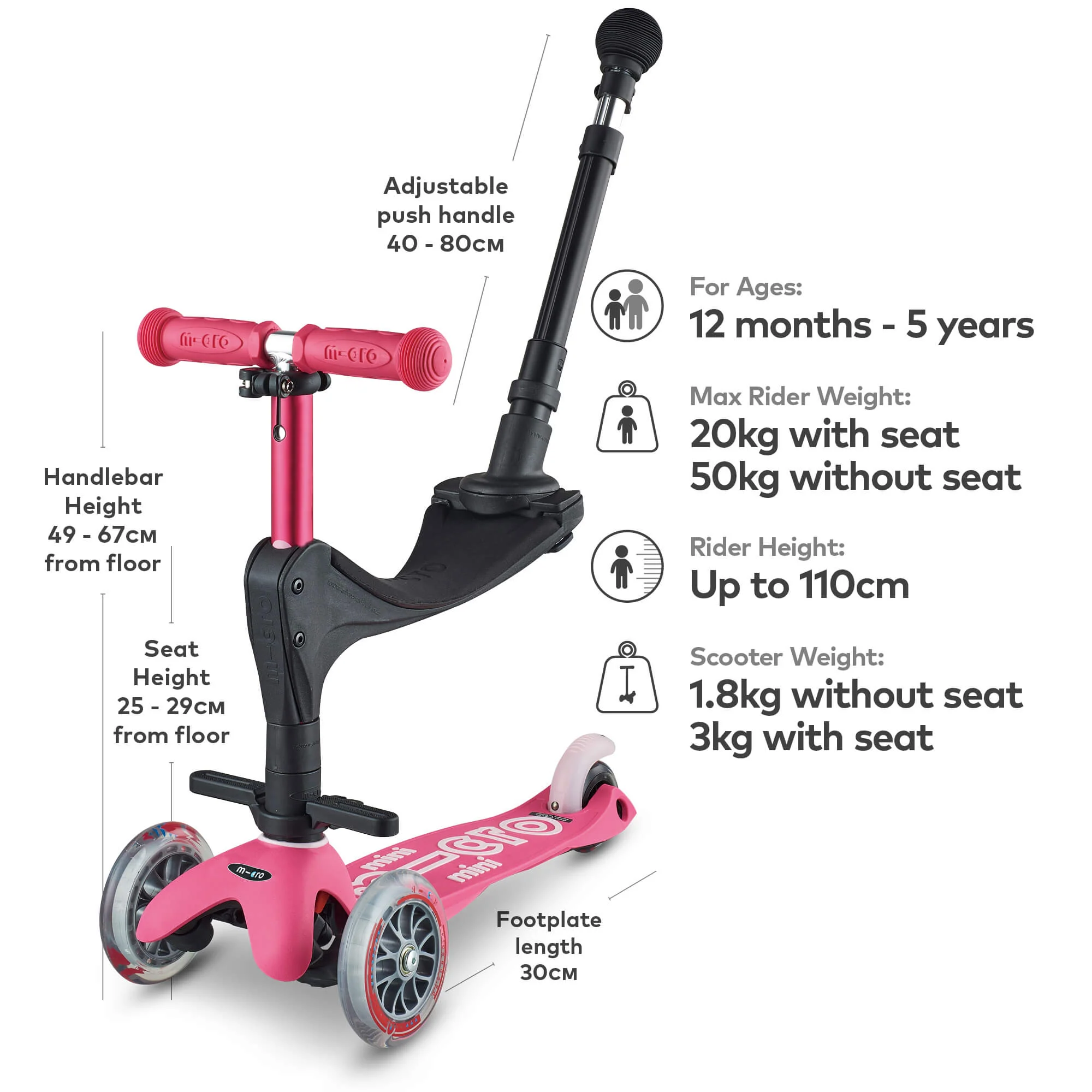 Mini Micro 3 in 1 Deluxe Scooter with Push Handle (Pink) - Image 5