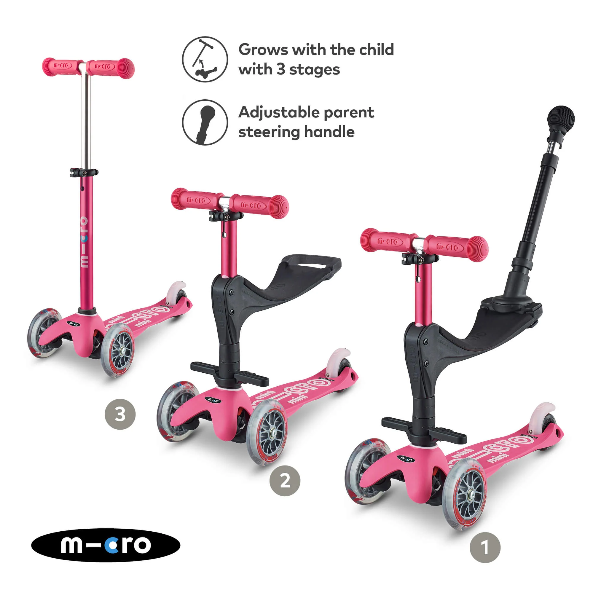 Mini Micro 3 in 1 Deluxe Scooter with Push Handle (Pink) - Image 6