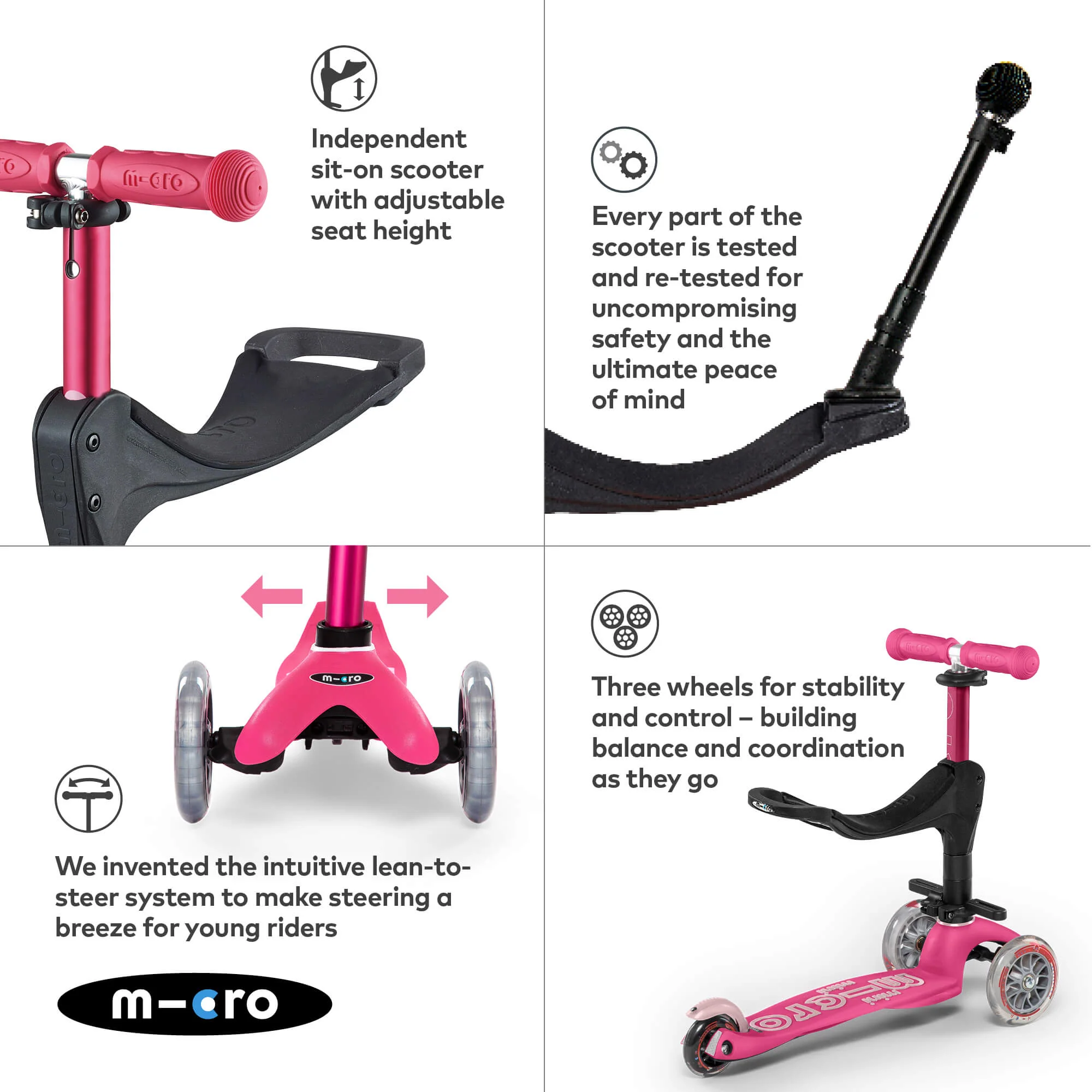 Mini Micro 3 in 1 Deluxe Scooter with Push Handle (Pink) - Image 7