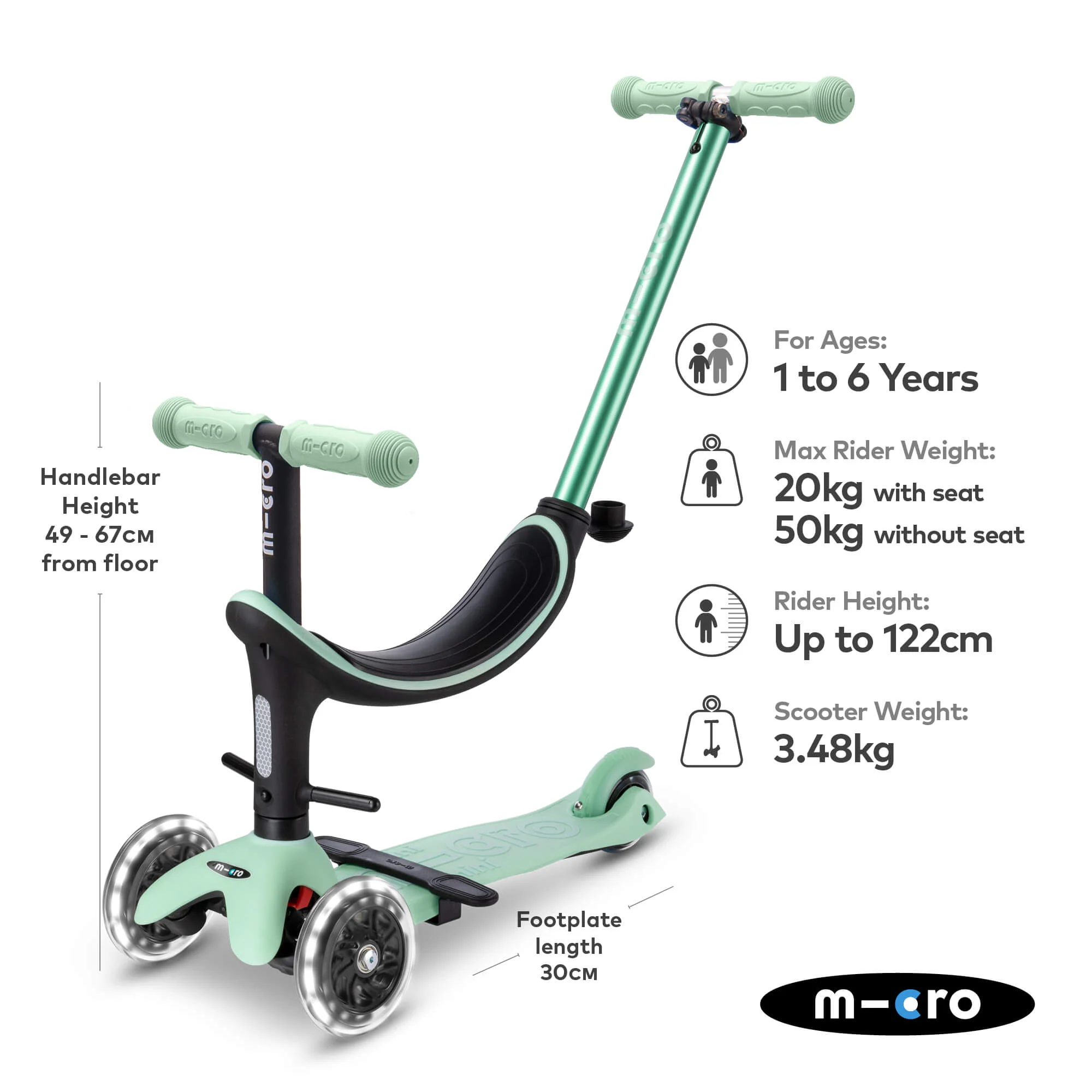 Mini Micro 4 in 1 Deluxe Scooter with LED Wheels (Mint) - Image 3
