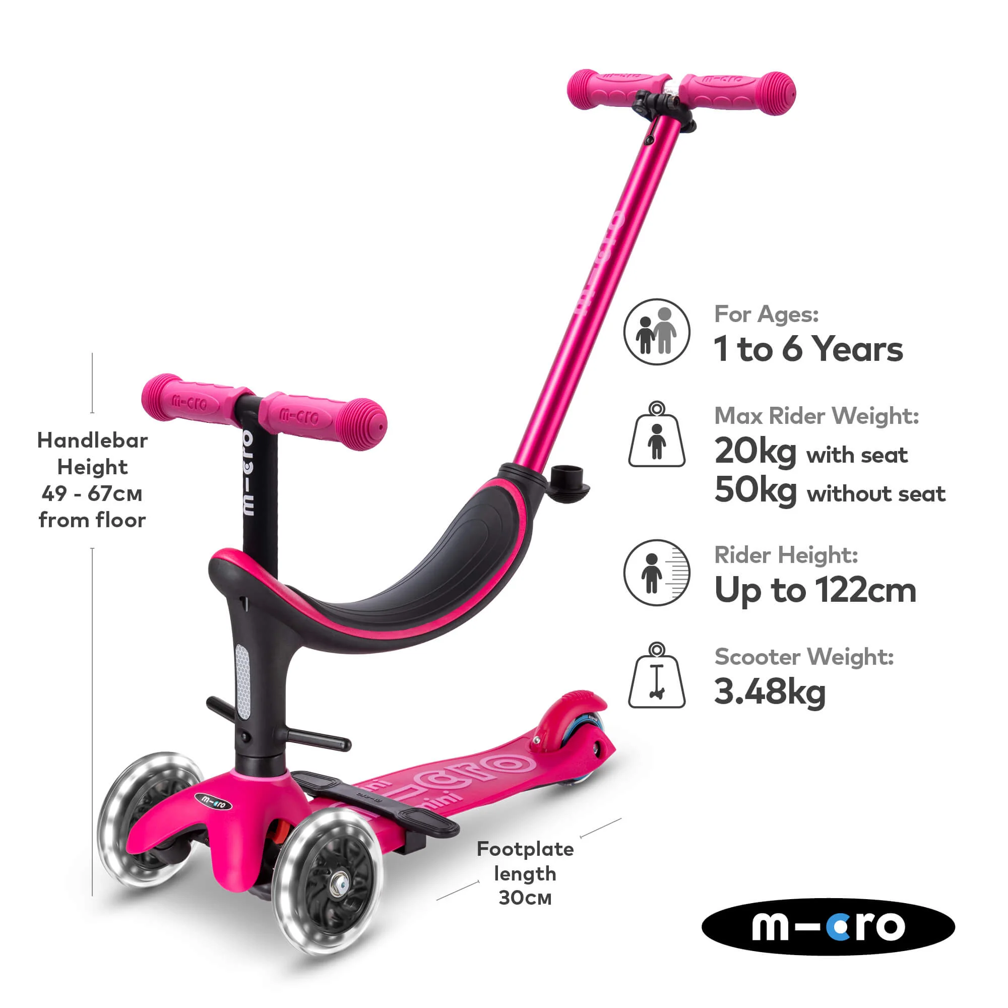 Mini Micro 4 in 1 Deluxe Scooter with LED Wheels (Pink) - Image 3