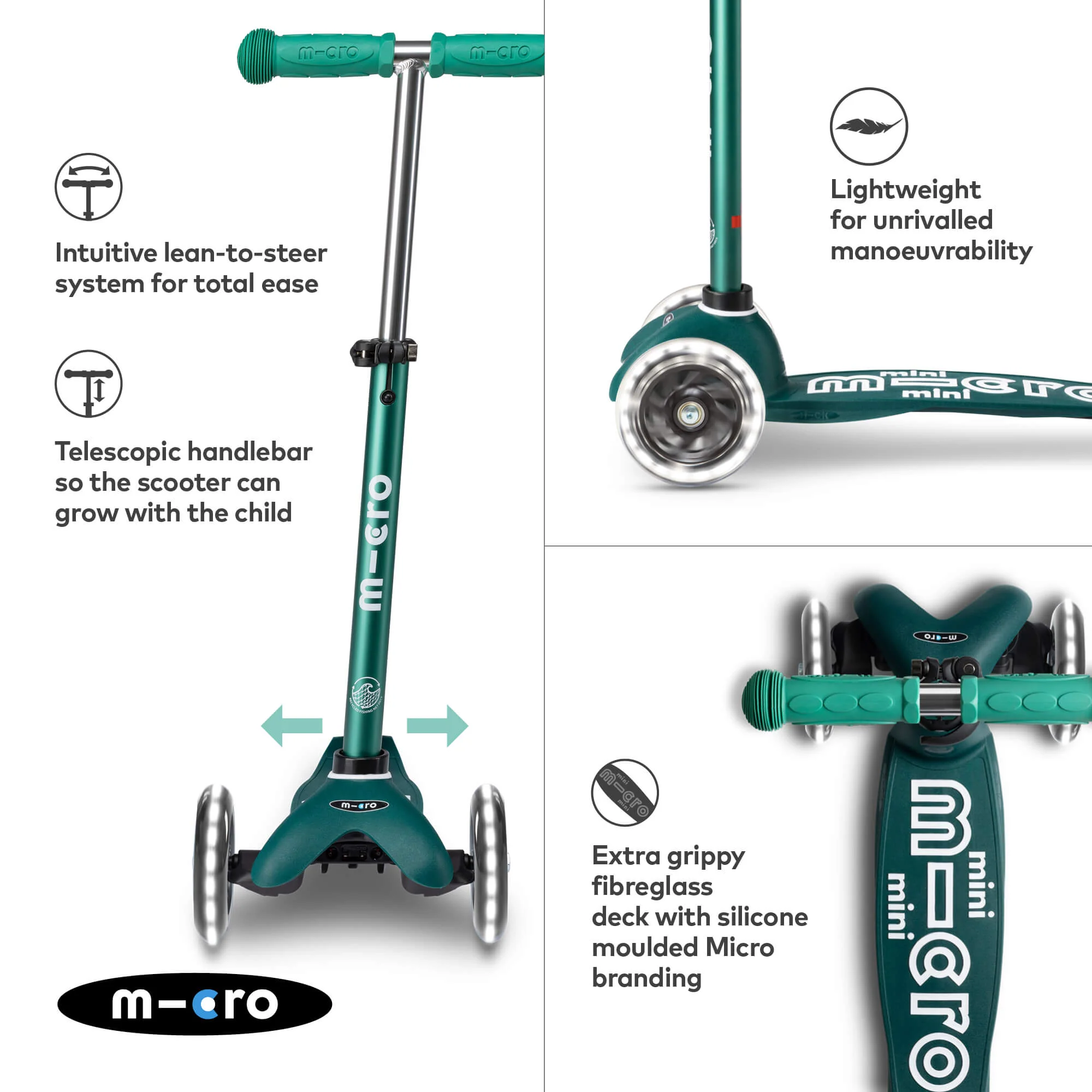 Mini Micro Deluxe ECO Scooter with 3 LED Wheels (Green) - Image 3