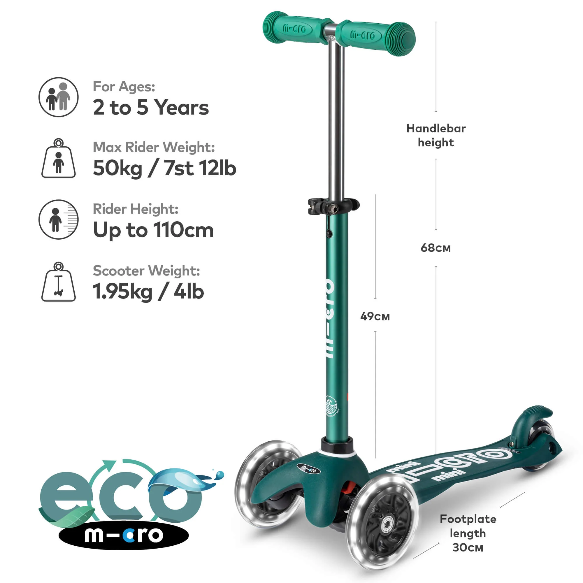Mini Micro Deluxe ECO Scooter with 3 LED Wheels (Green) - Image 7