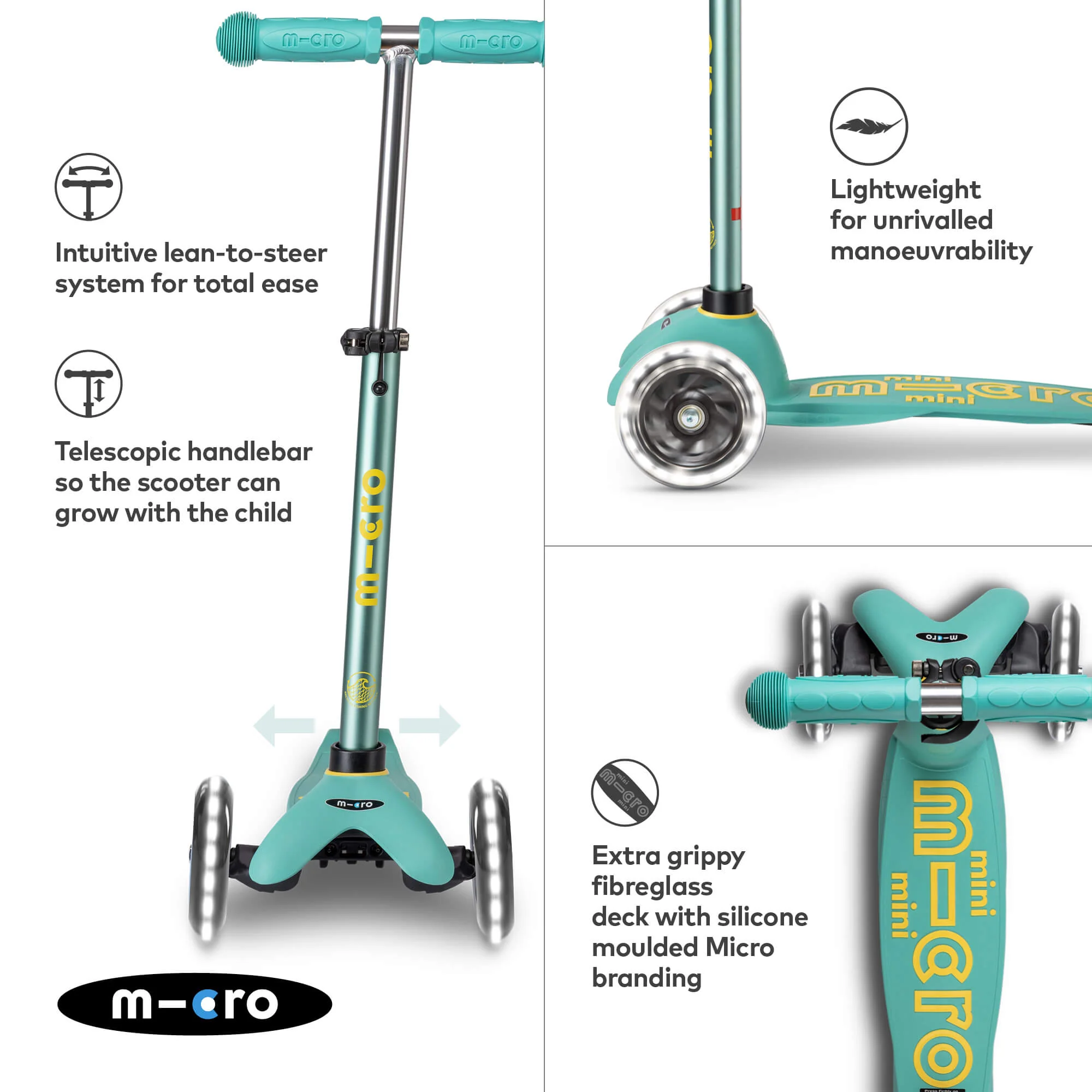 Mini Micro Deluxe ECO Scooter with 3 LED Wheels (Mint) - Image 2