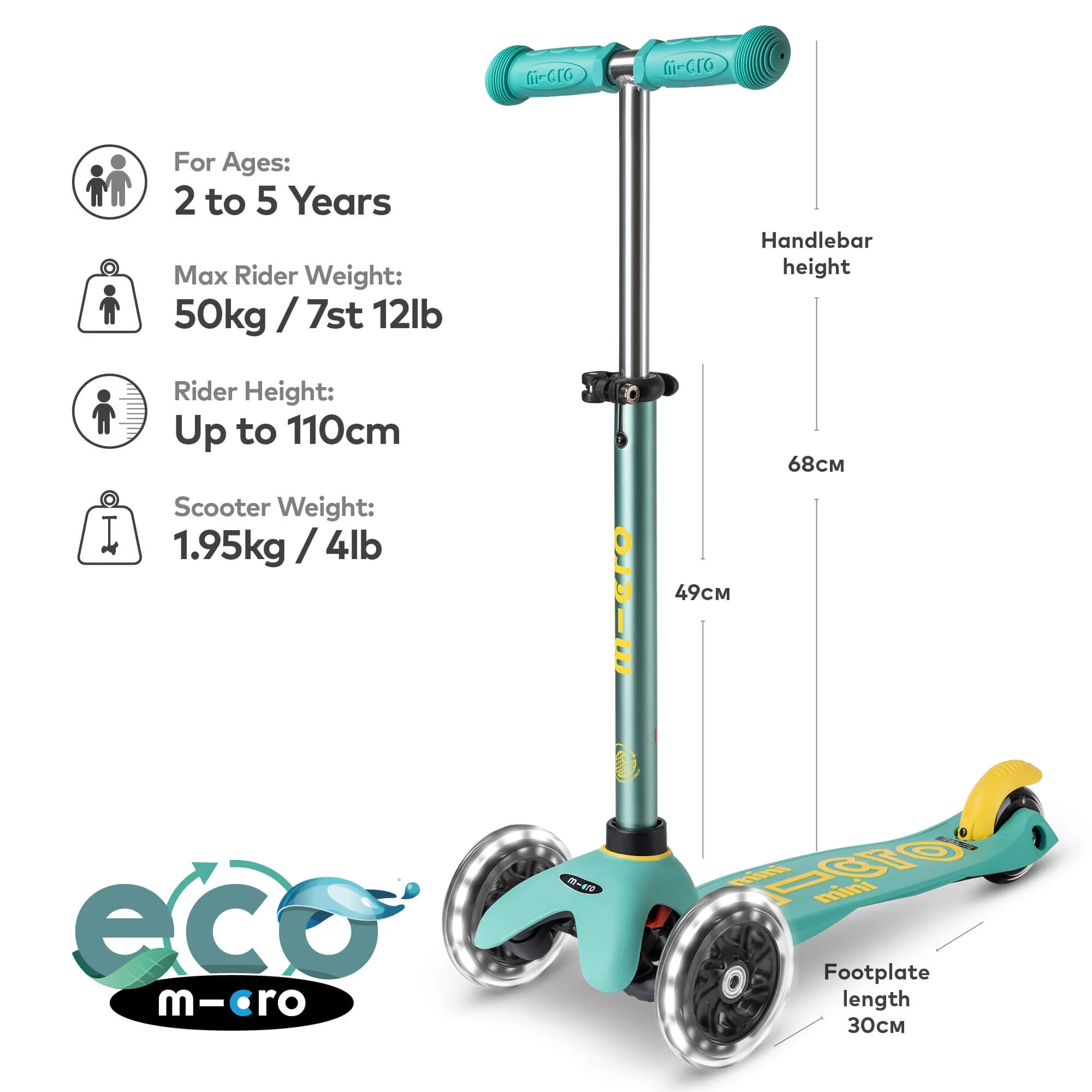 Mini Micro Deluxe ECO Scooter with 3 LED Wheels (Mint) - Image 7